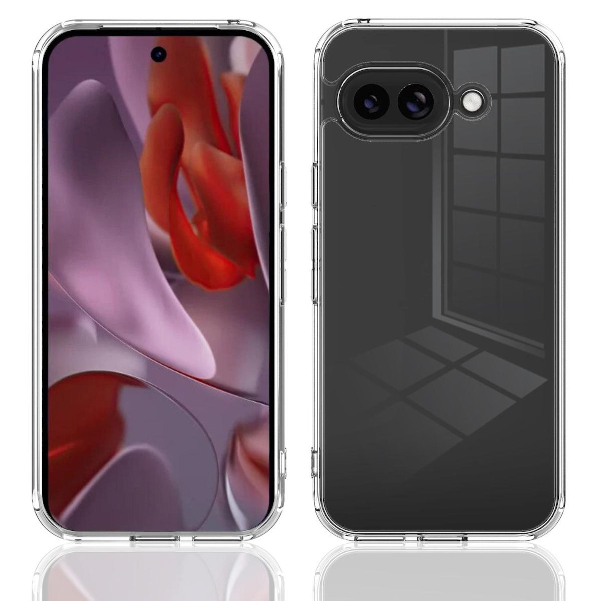 Klare Handyhülle zeigt Vorder- und Rückseite eines Smartphones mit Kameras.