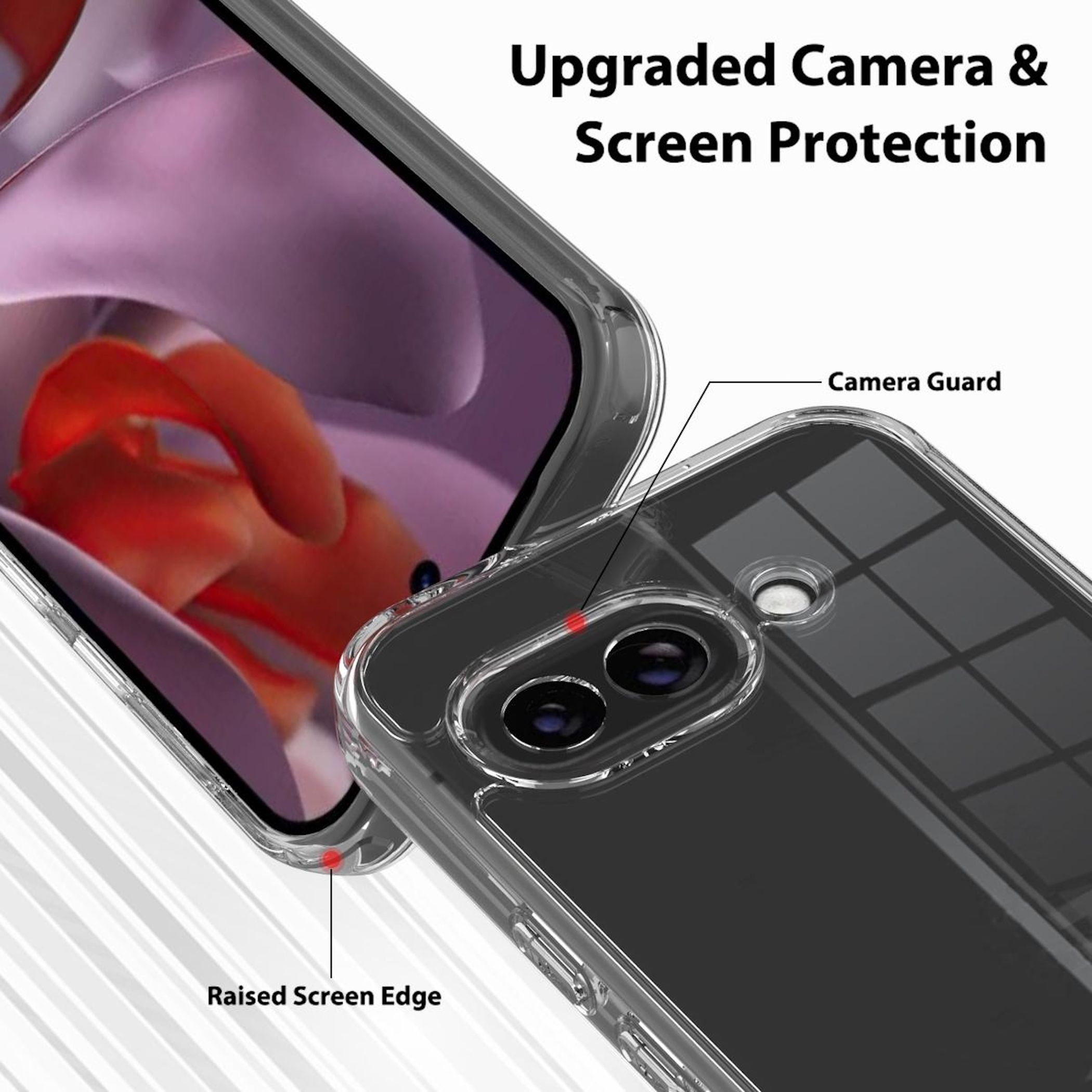 Transparente Hülle zeigt Handy-Kamera mit Schutz und erhöhten Kanten.