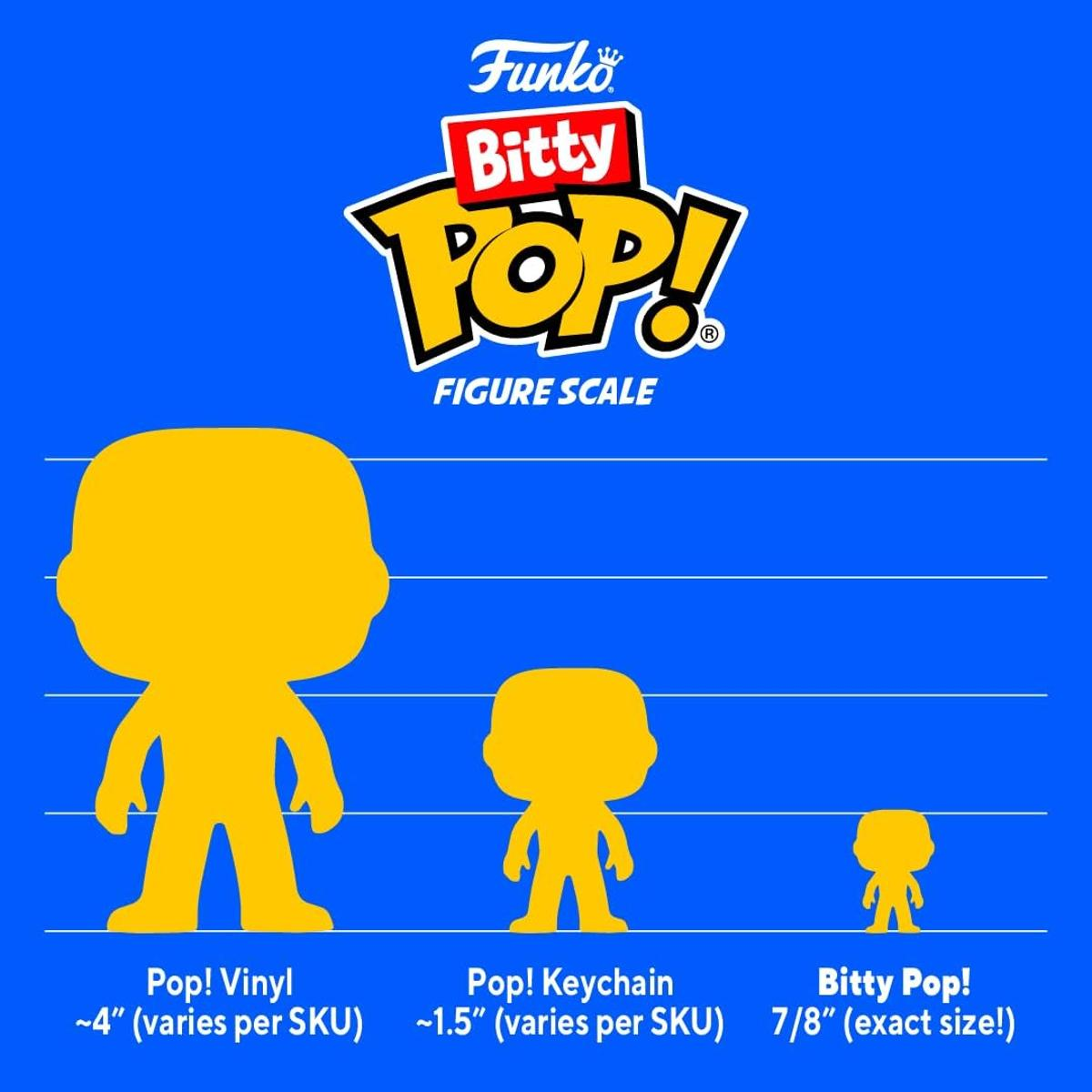 Porównanie skali figurek Funko Pop! Vinyl, breloczka i Bitty Pop.