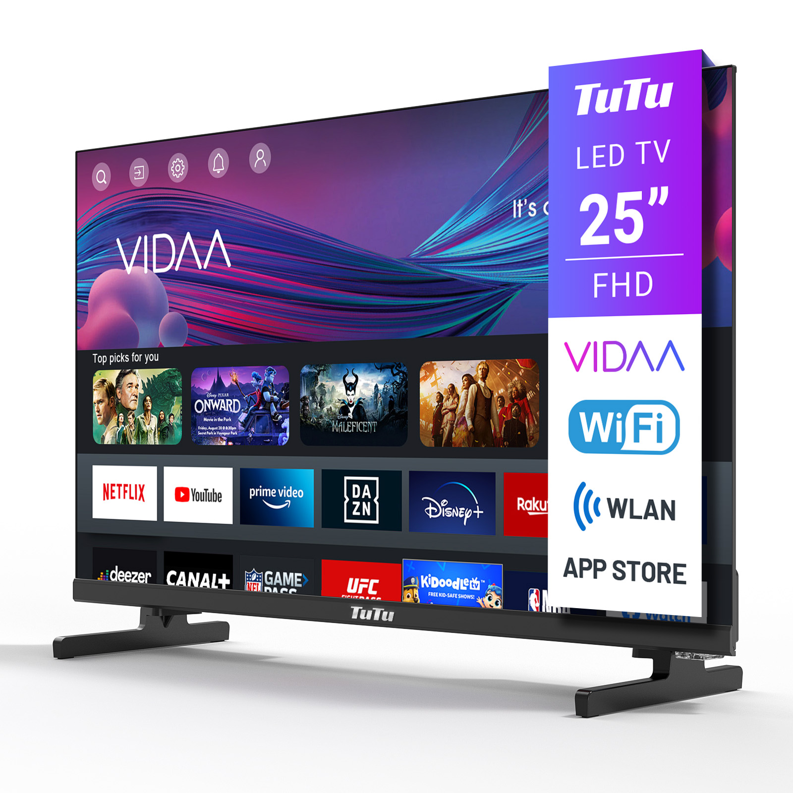 Una TV LED VIDAA da 25 pollici che mostra app come Netflix, YouTube e Disney+.