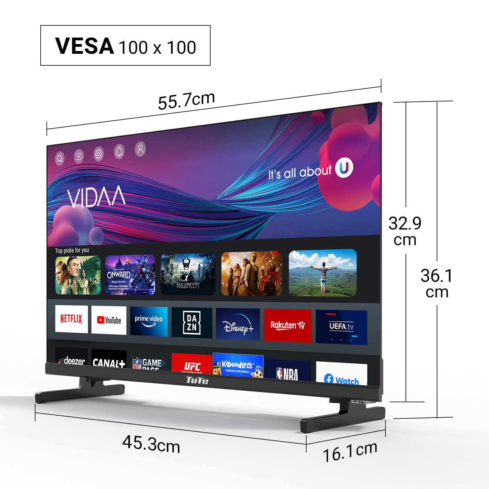 Un televisore nero con interfaccia Smart TV e loghi di app. Dimensioni fornite.