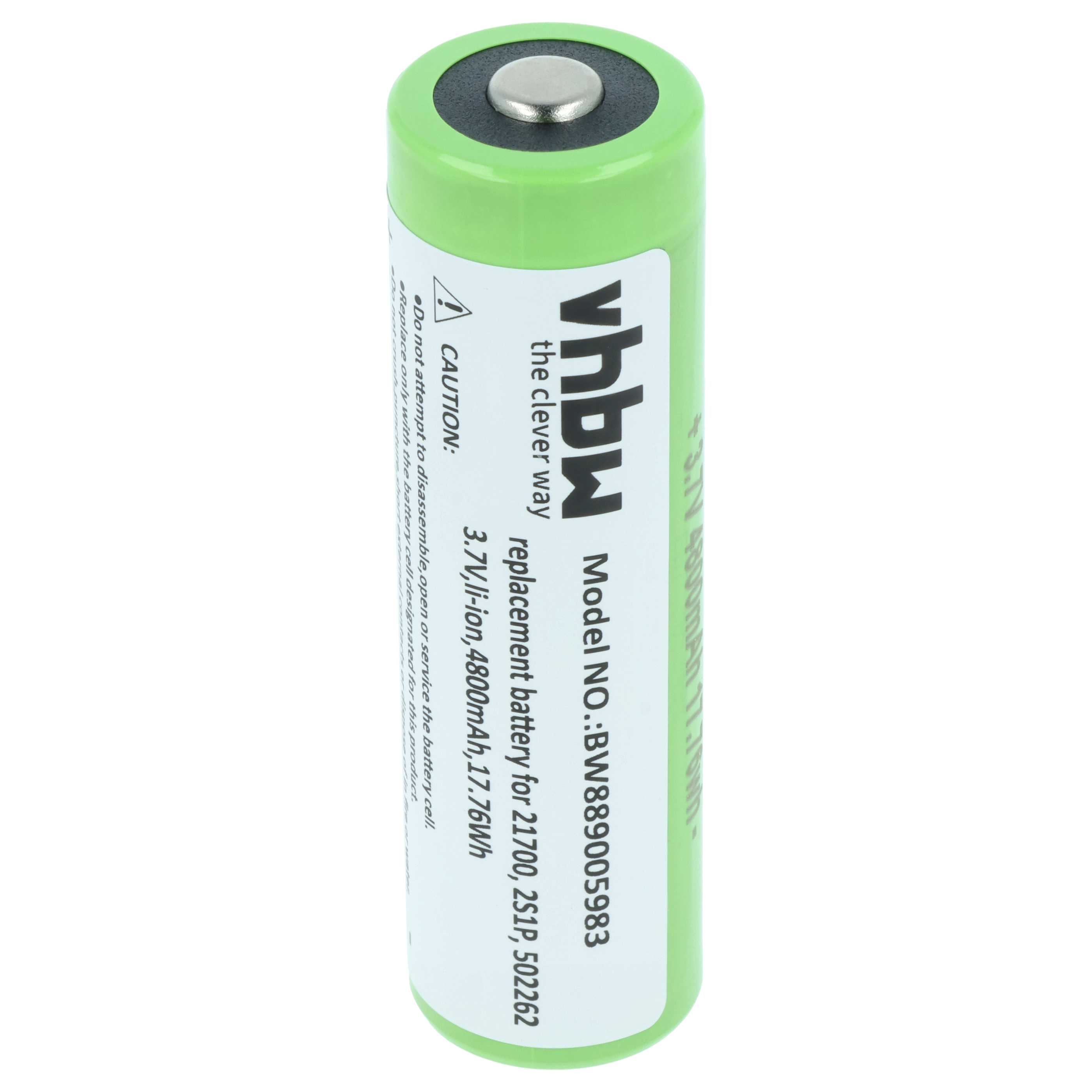 Grüne 3,7V Li-Ion-Batterie mit Silberknopf und Warnhinweisen.