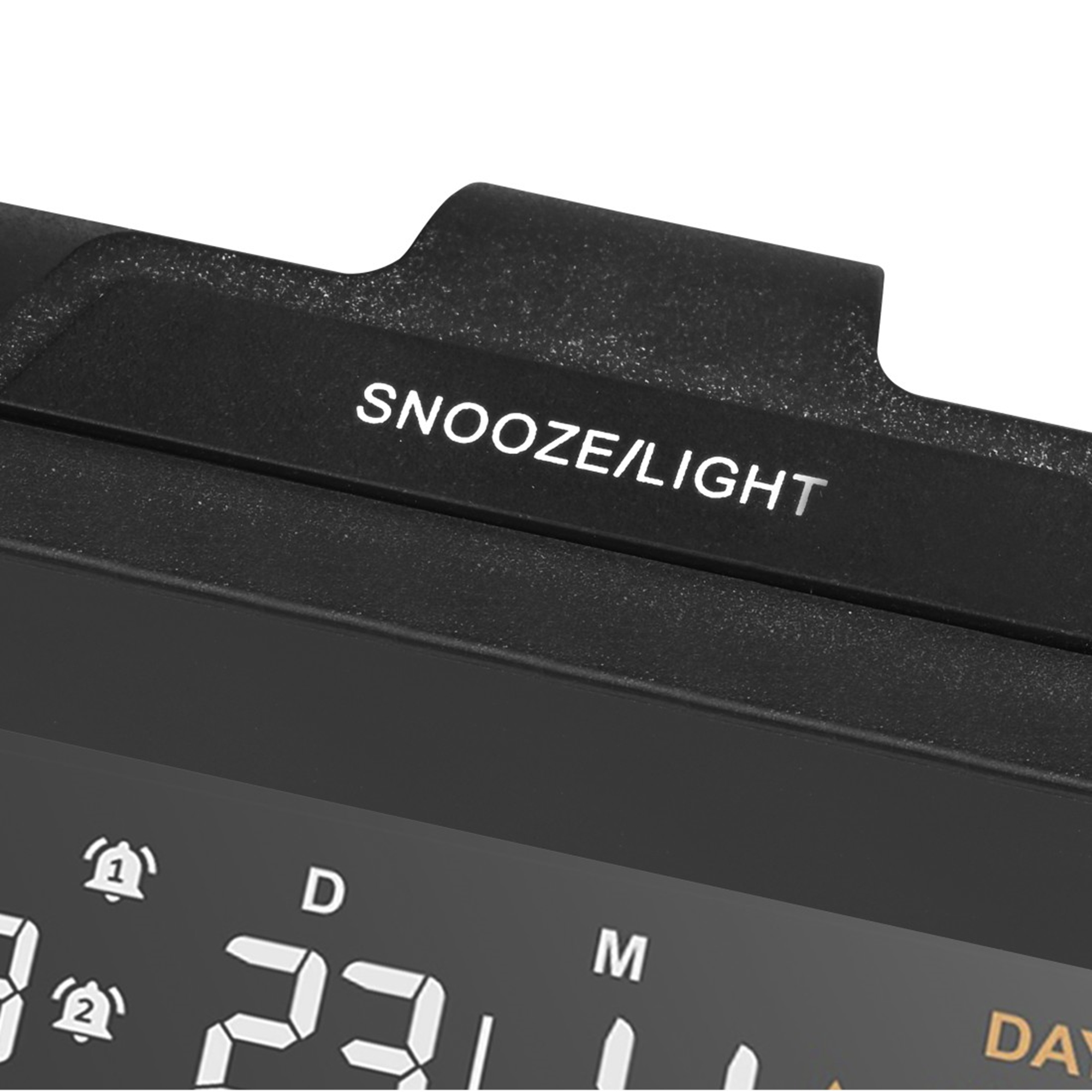 Schwarzer Wecker mit Snooze/Light-Taste und digitaler Anzeige.