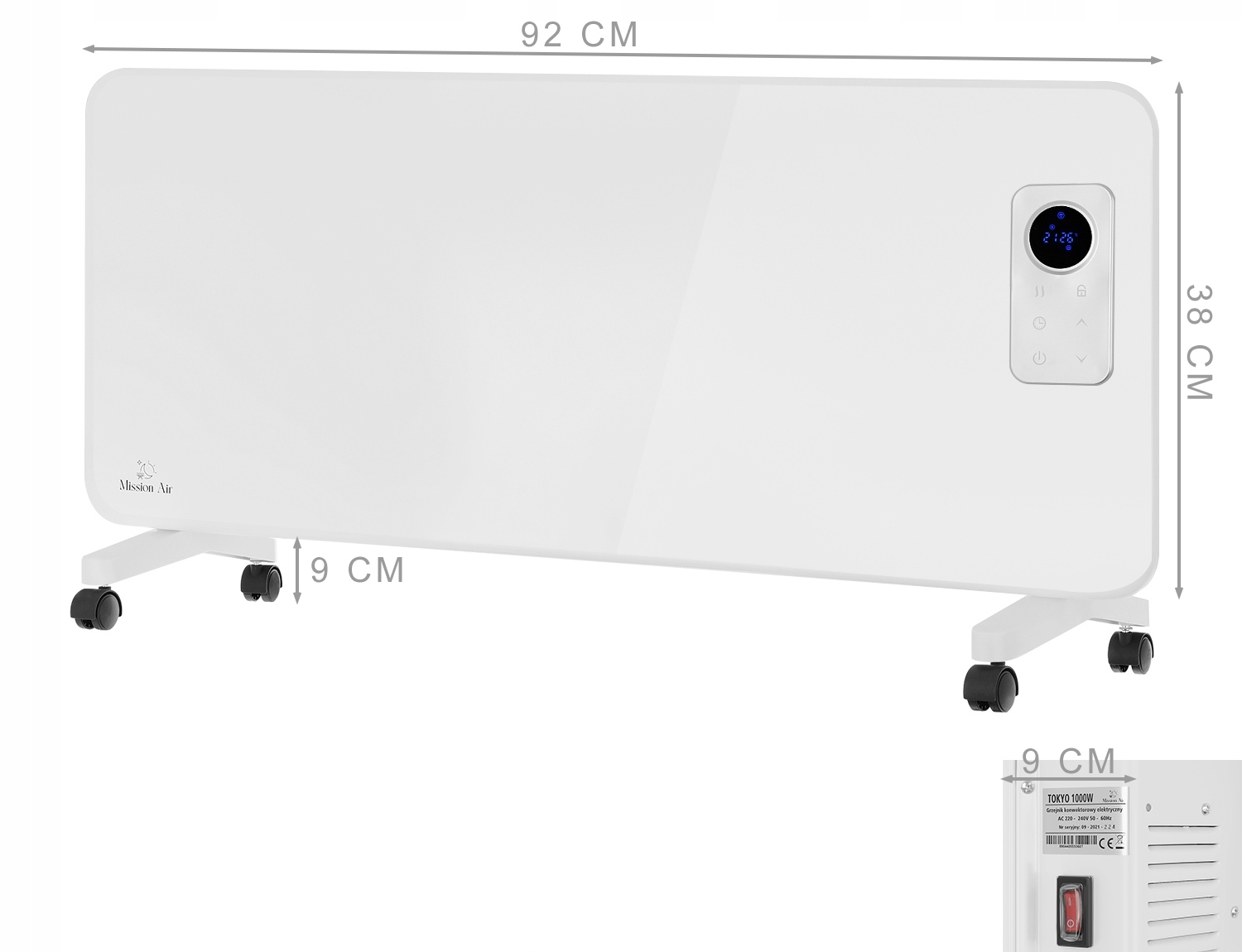 Biały grzejnik konwektorowy na kółkach, 92x38 cm, z cyfrowym wyświetlaczem.
