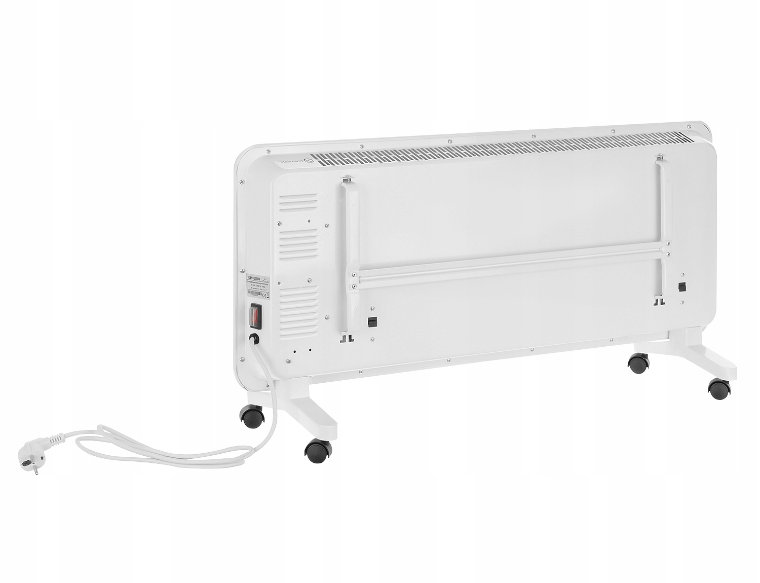 Biały grzejnik elektryczny na kółkach z kablem zasilającym.