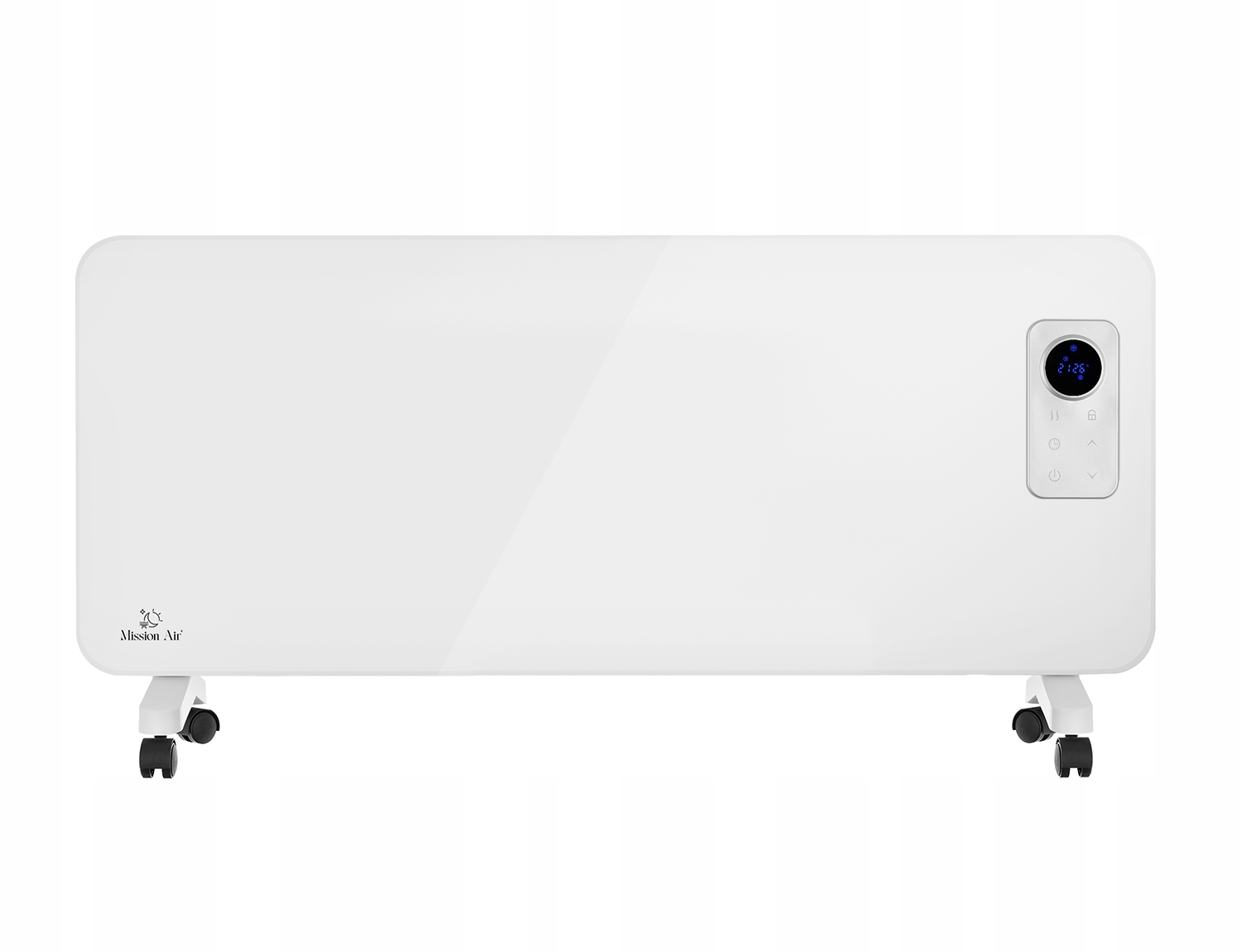 Biały grzejnik na kółkach z cyfrowym wyświetlaczem. Logo po lewej.