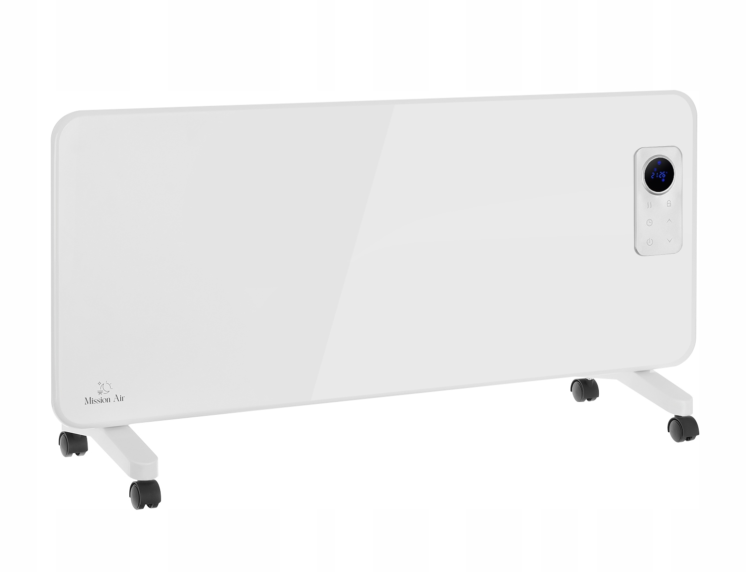 Biały grzejnik na kółkach z cyfrowym wyświetlaczem i sterowaniem.