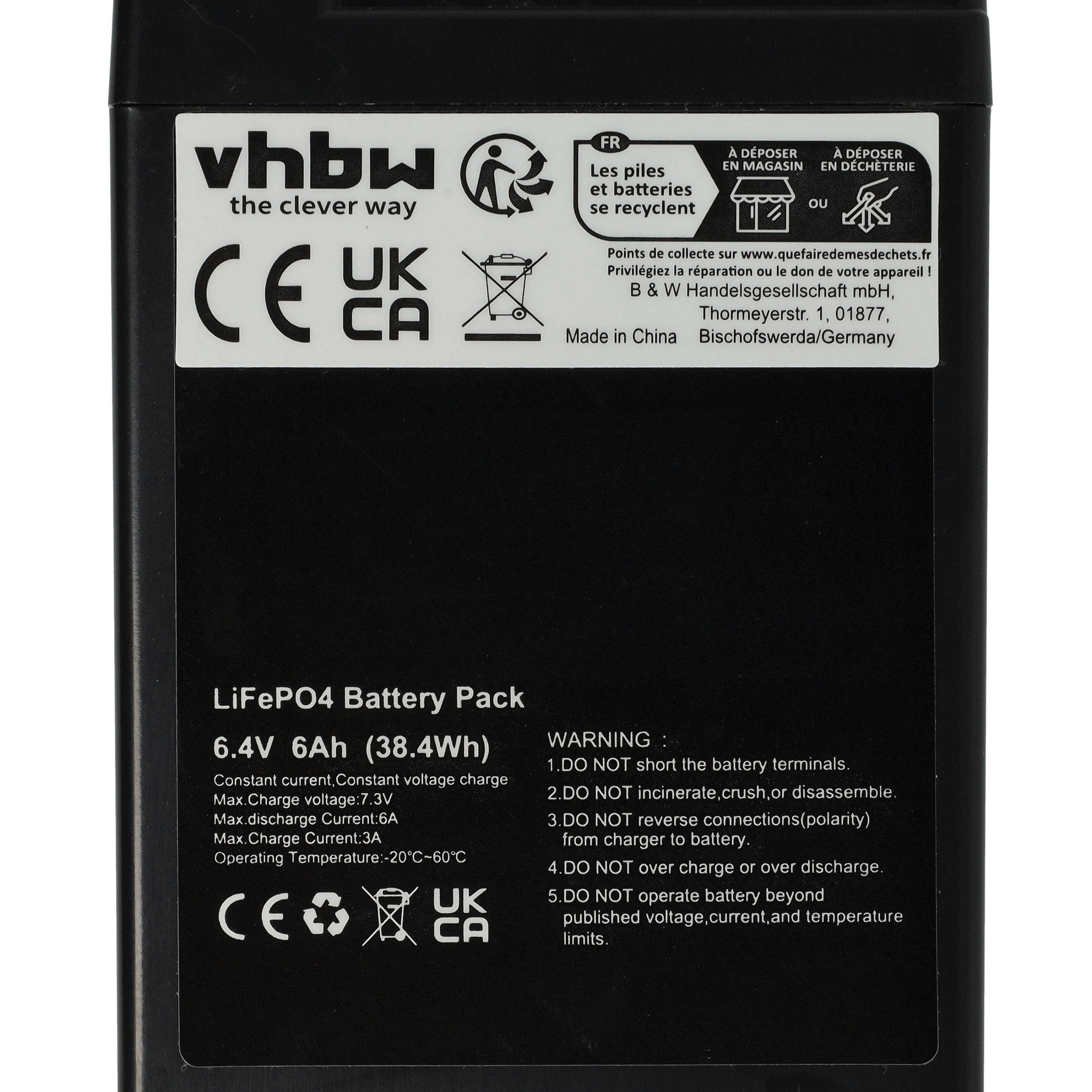 Ein LiFePO4 Akku (6,4V 6Ah) mit Warnhinweisen und Recycling-Symbolen.