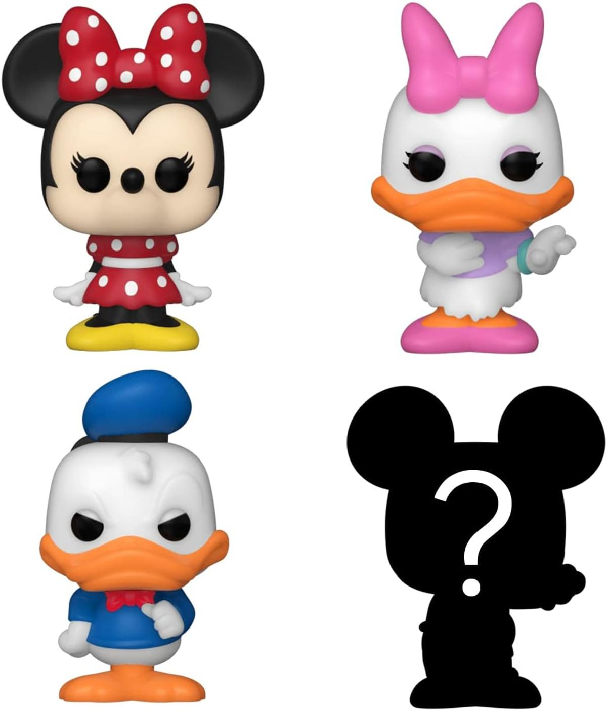 Cuatro figuras: Minnie, Daisy, Donald y una silueta negra con signo de interrogación.