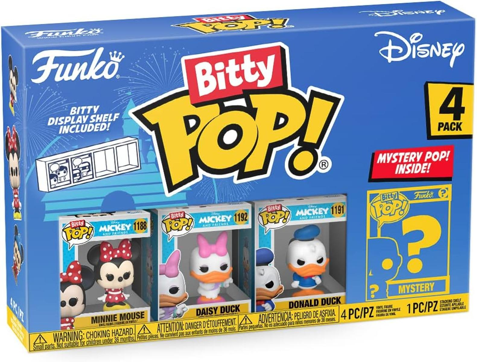 Funko Bitty Pop! Disney paquete de 4 con Minnie, Daisy, Donald y figura misteriosa.