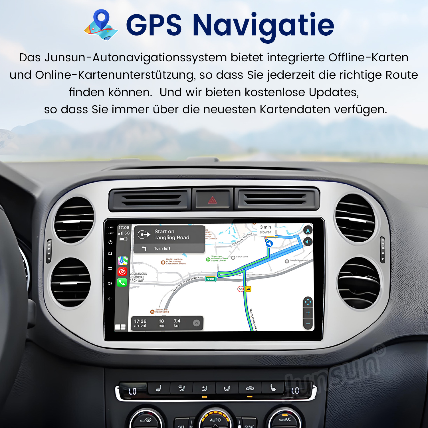 Autonavigationssystem mit Kartenanzeige und Routenführung auf dem Armaturenbrett.