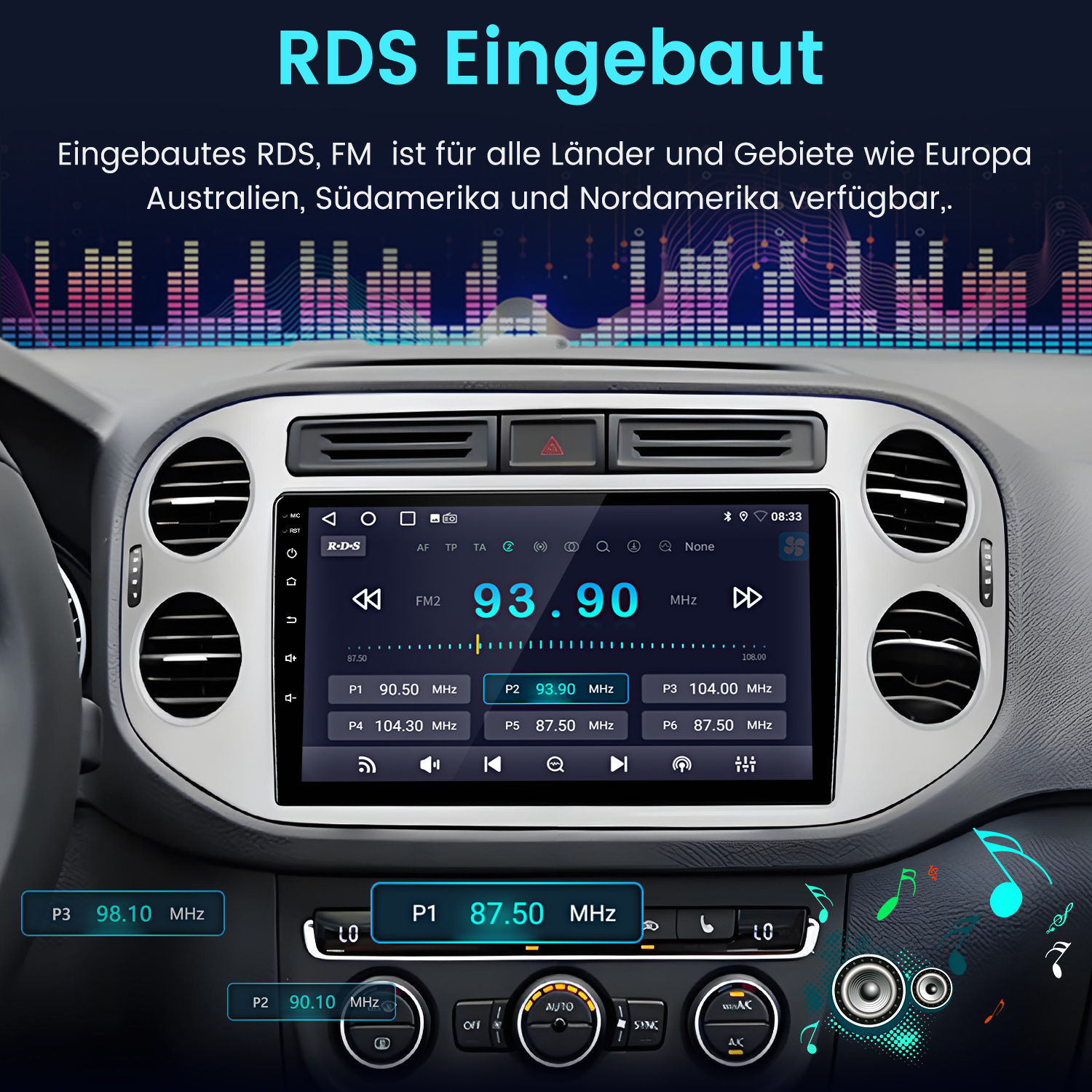 Modernes Autoradio mit RDS, FM und Touchscreen. Zeigt Frequenz 93.90 MHz.