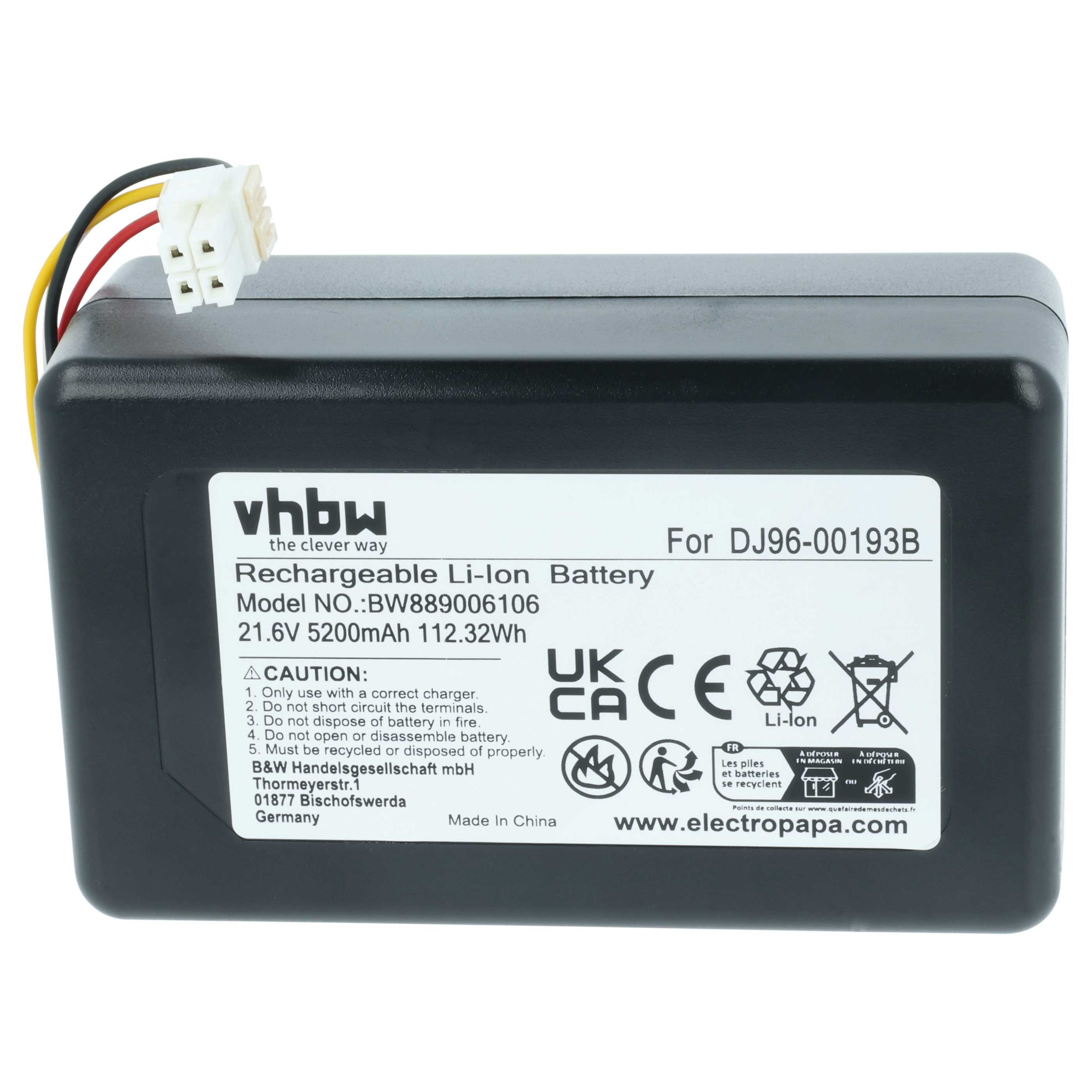 Schwarzer Li-Ion Akku mit Kabel, 21.6V 5200mAh, für DJ96-00193B.