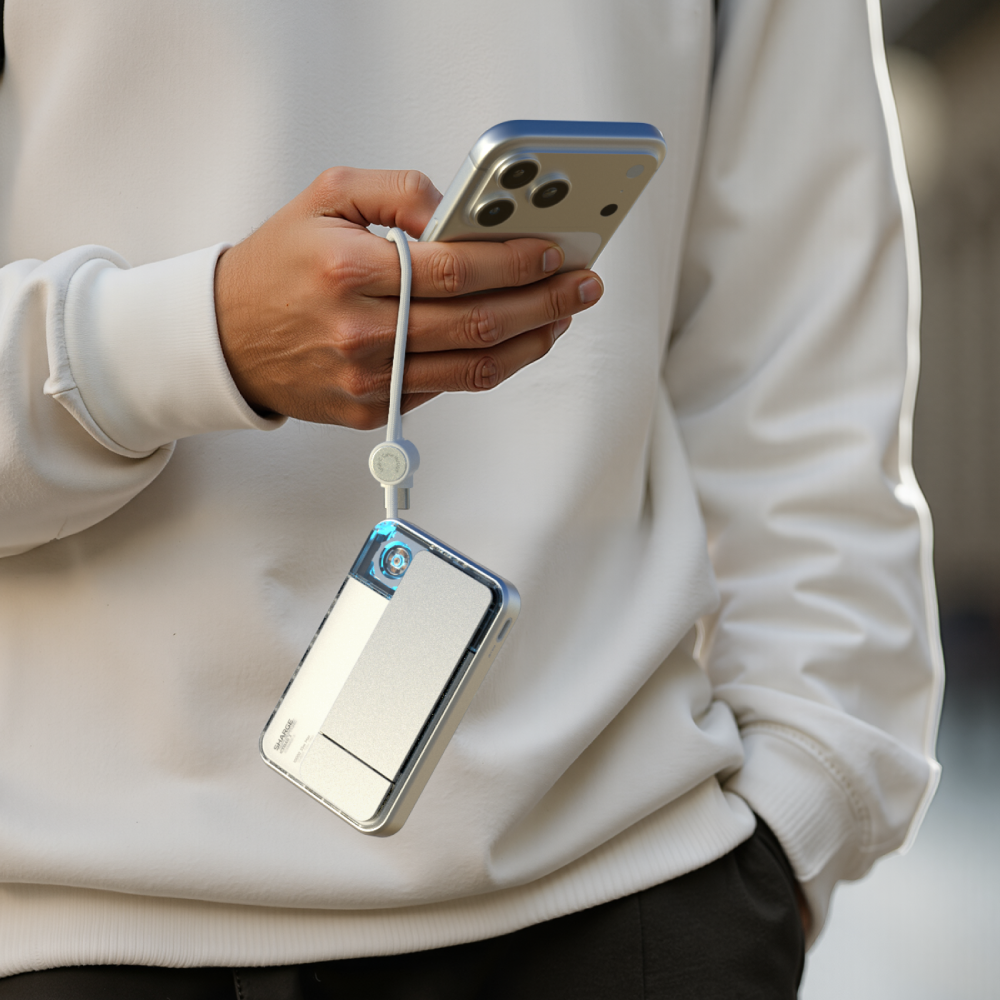 Une main tient un smartphone avec un chargeur argenté à LED bleue suspendu.