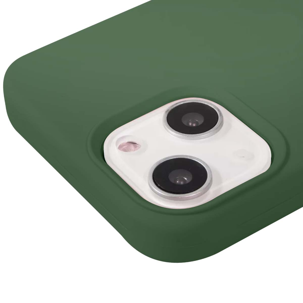 Custodia verde scuro per telefono con modulo fotocamera bianco e due lenti.