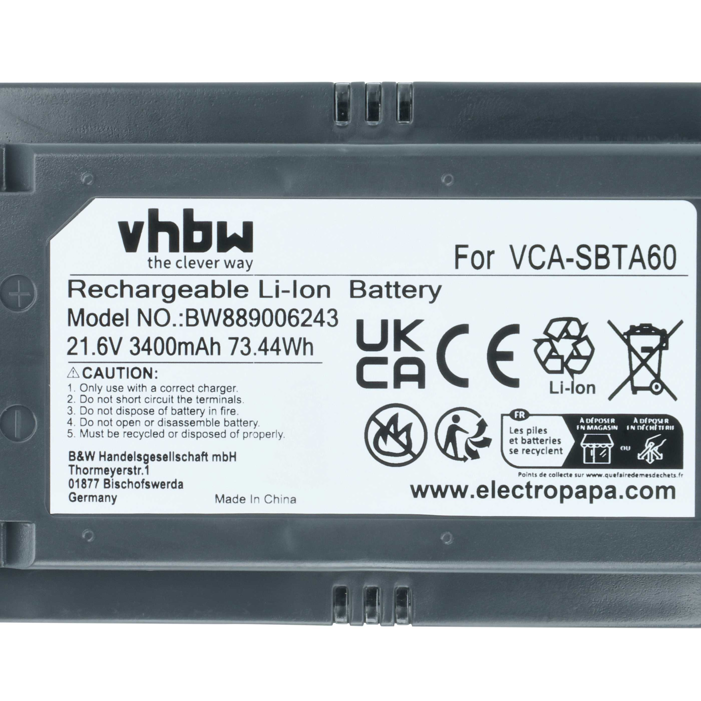 Grauer Li-Ion Akku für VCA-SBTA60, 21.6V 3400mAh, mit Warnhinweisen.