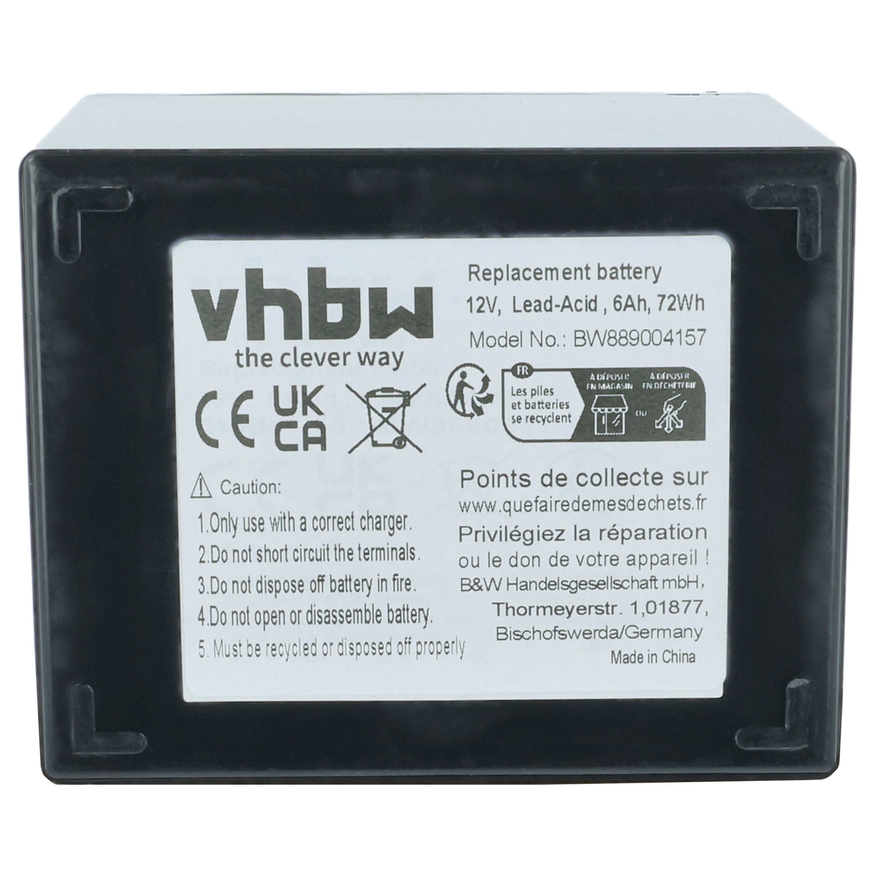 Schwarzer Akku mit weißem Aufkleber mit Produktinformationen und Warnhinweisen.