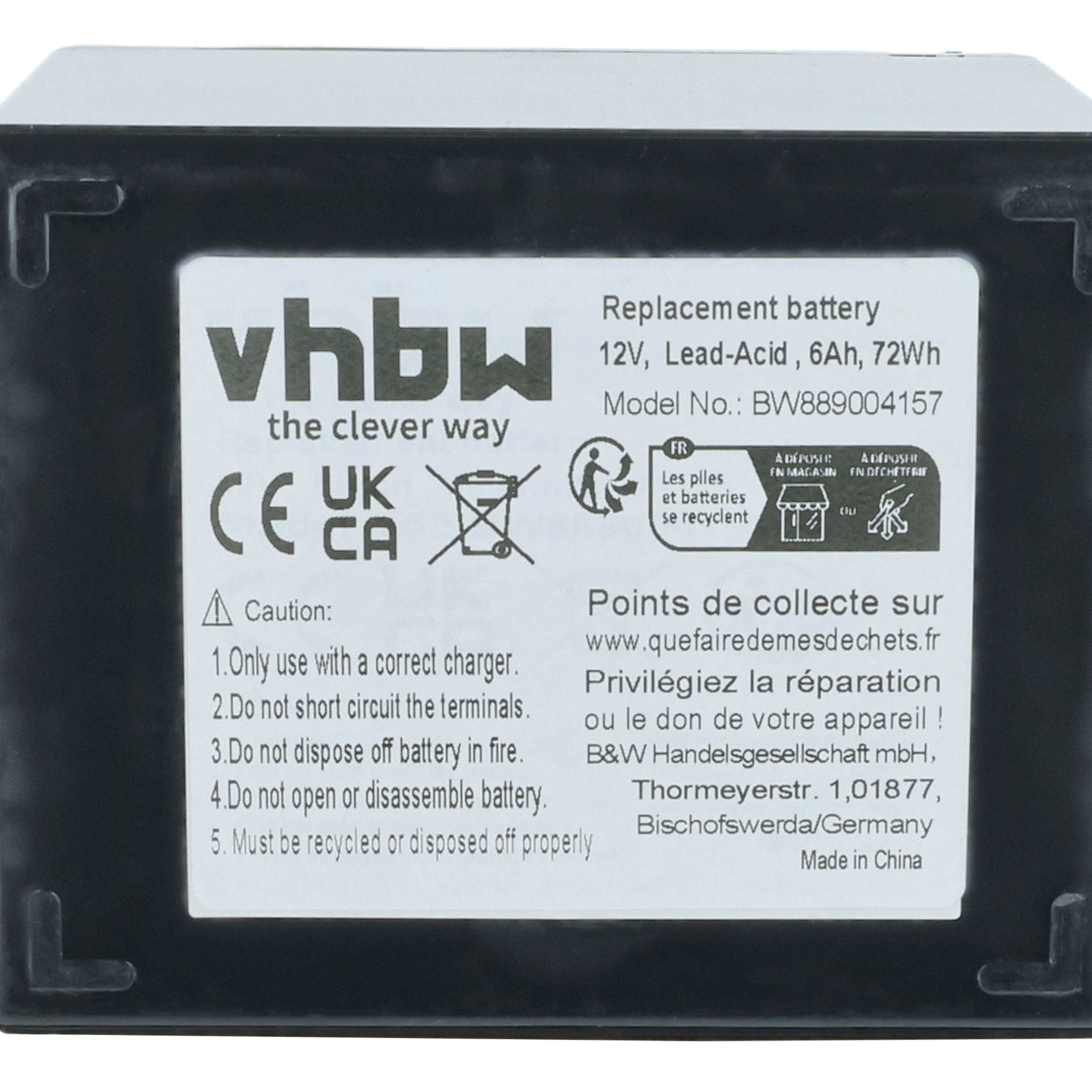 Schwarzer Akku mit weißem Etikett: 12V, Blei-Säure, 6Ah, 72Wh.