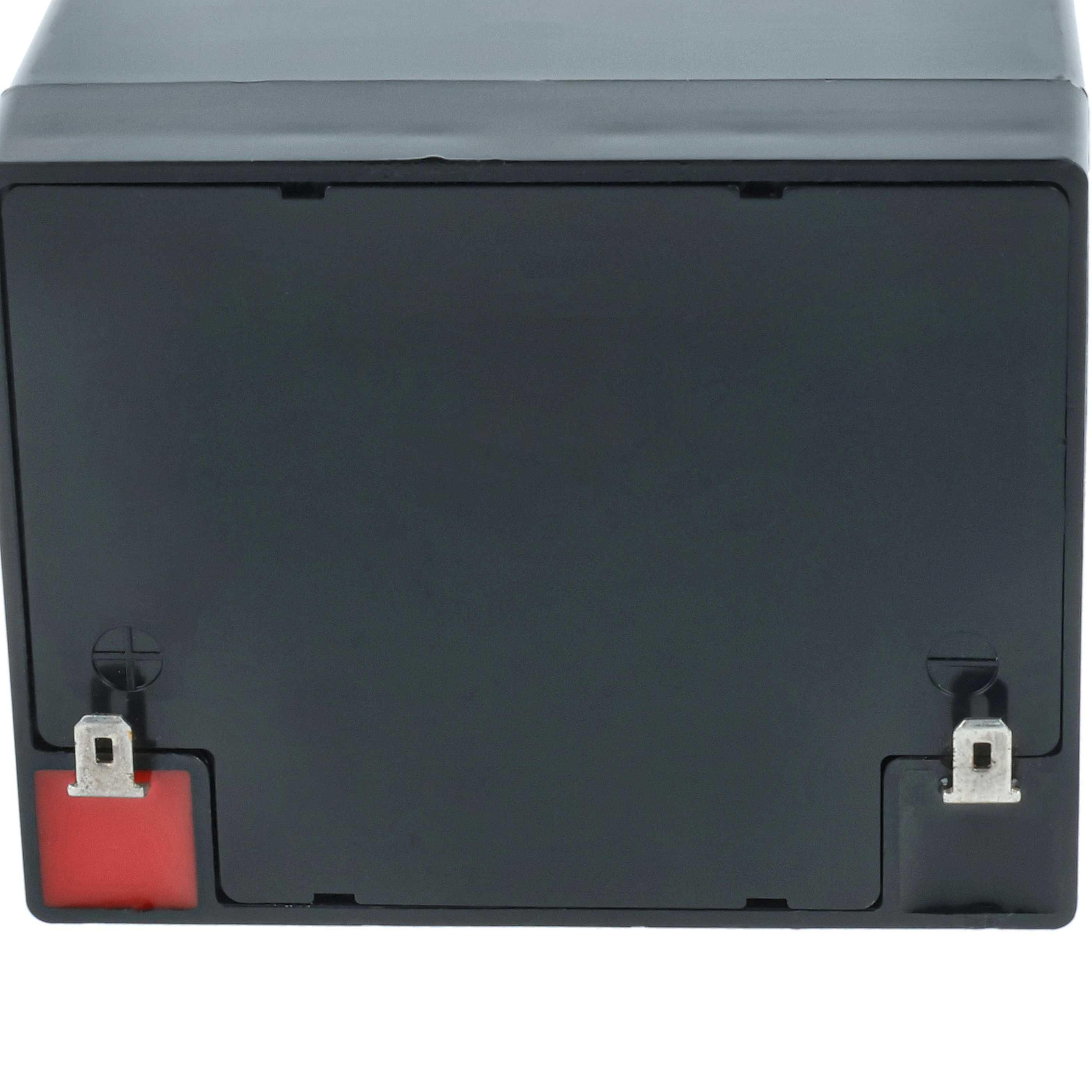 Schwarze Batterie mit roten und silbernen Anschlüssen.