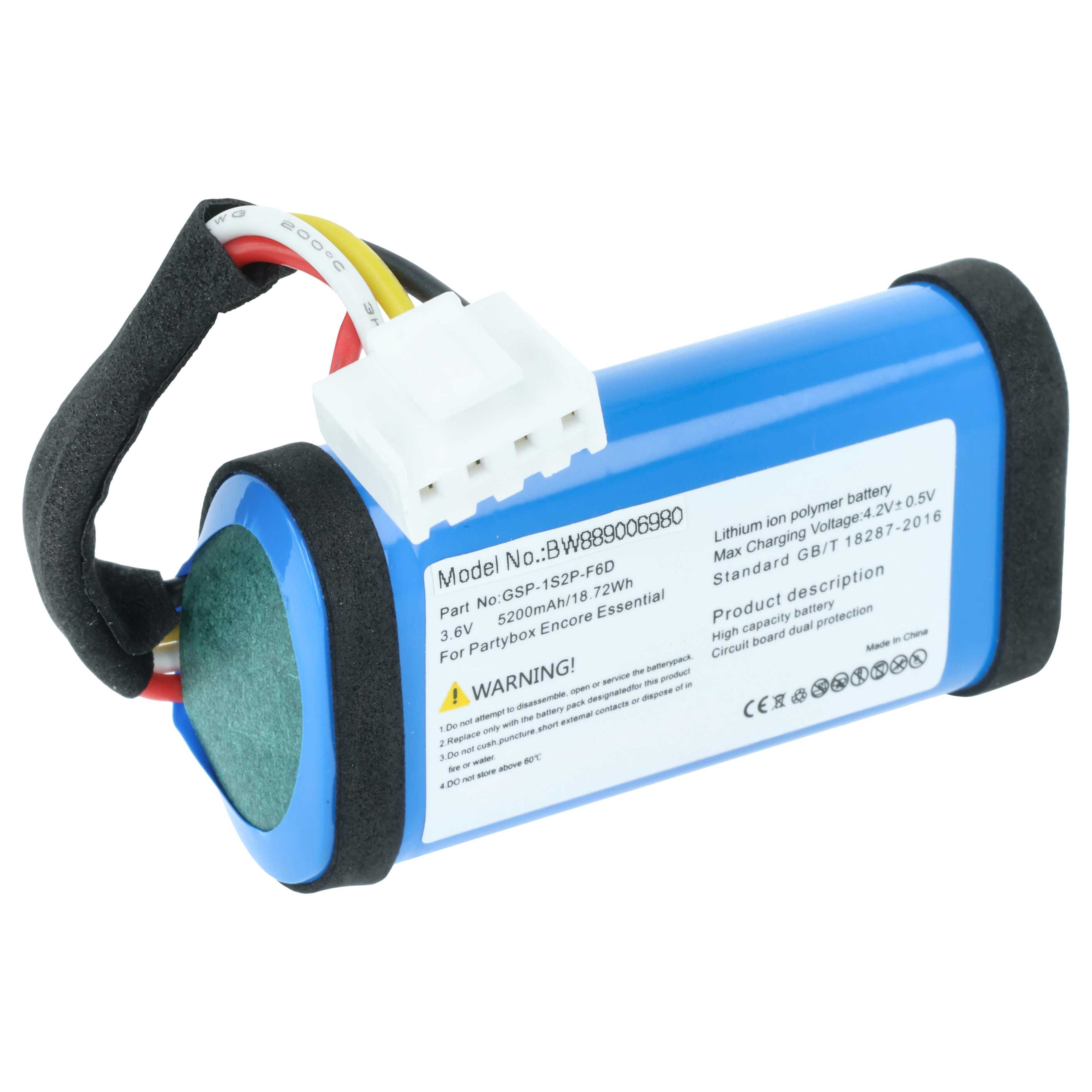 Blauer Lithium-Ionen-Akku mit Kabeln und Anschlüssen, beschriftet mit Details.