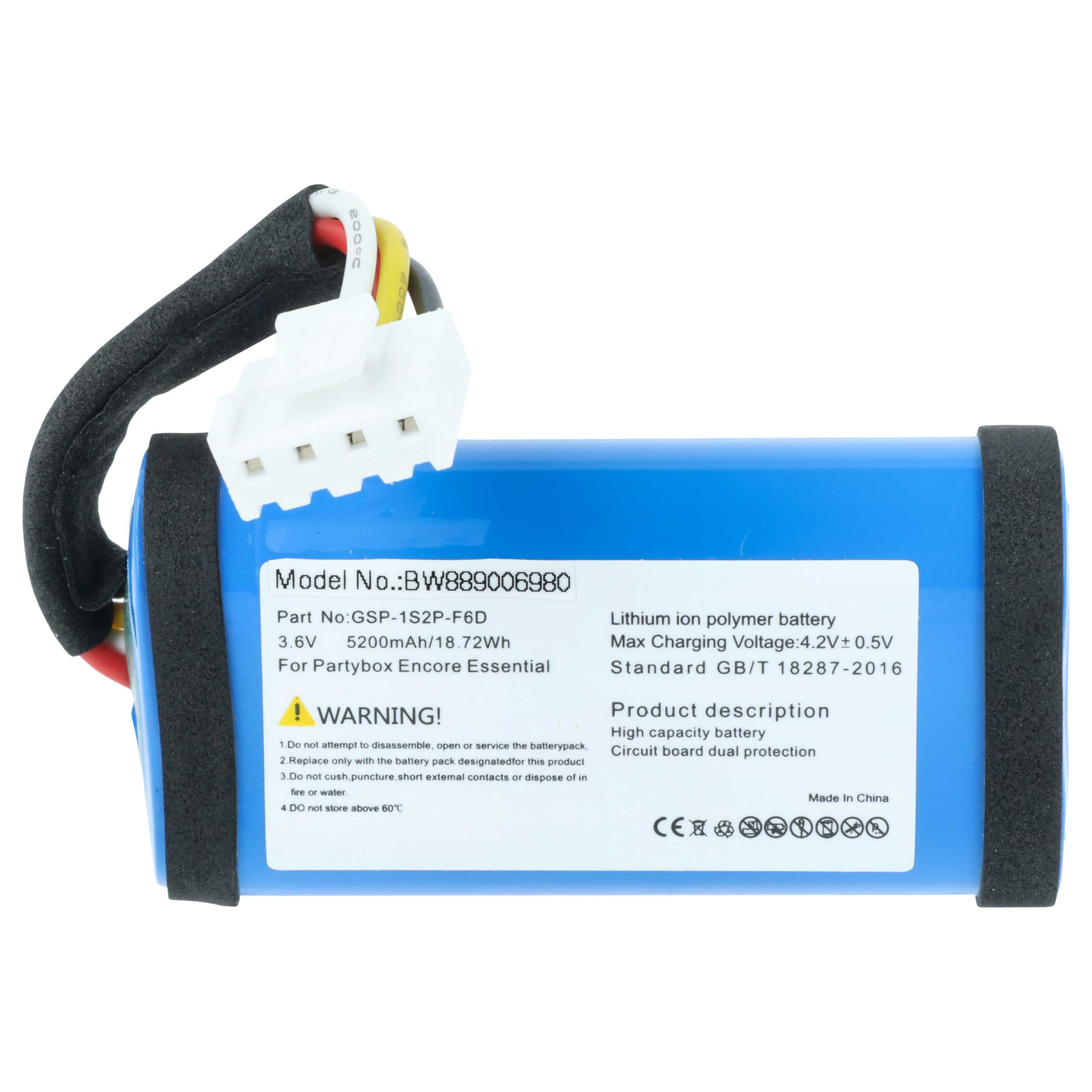 Eine blaue Lithium-Ionen-Batterie mit weißen und schwarzen Kabeln.