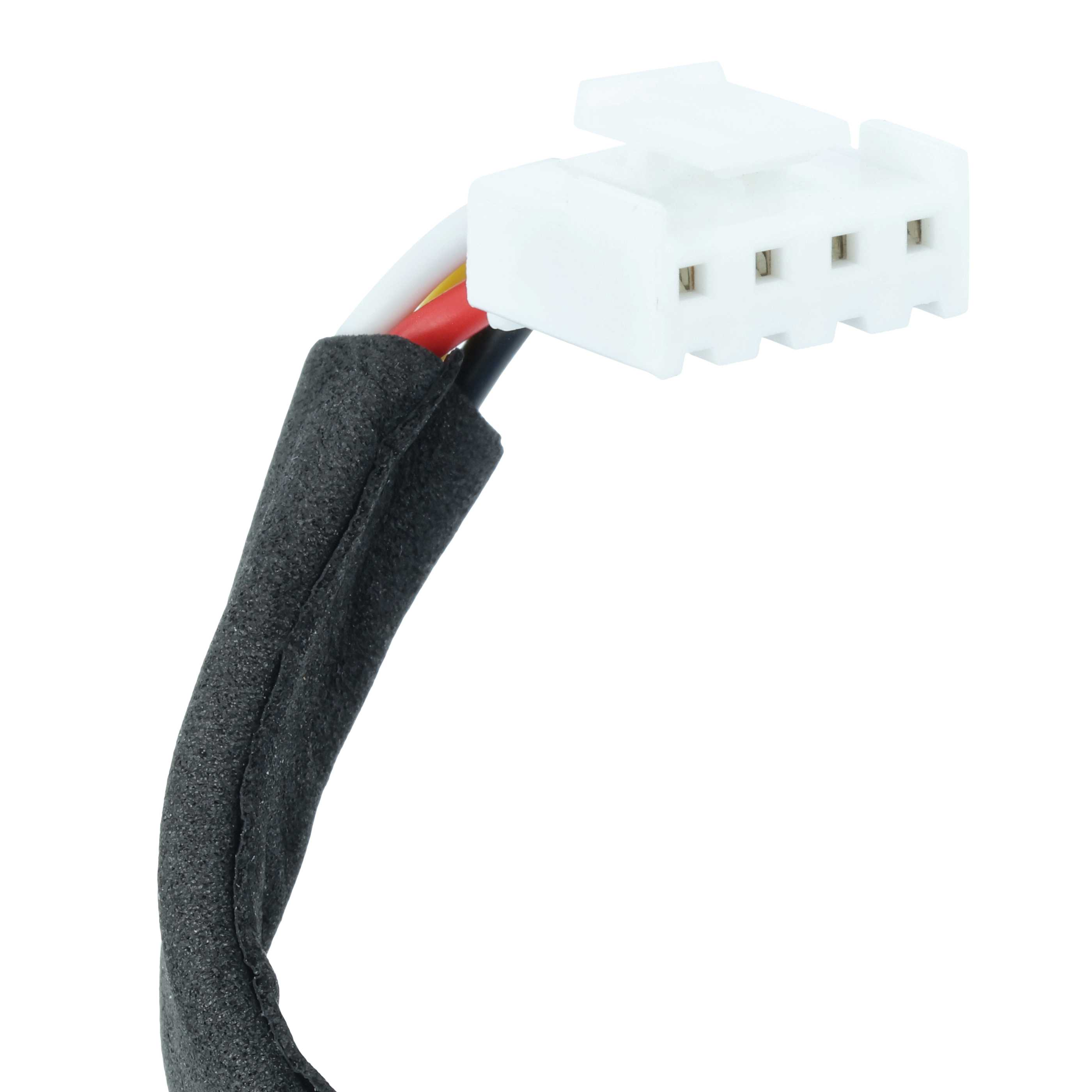 Ein weißer 4-poliger Stecker mit bunten Kabeln, umhüllt von schwarzem Schutz.