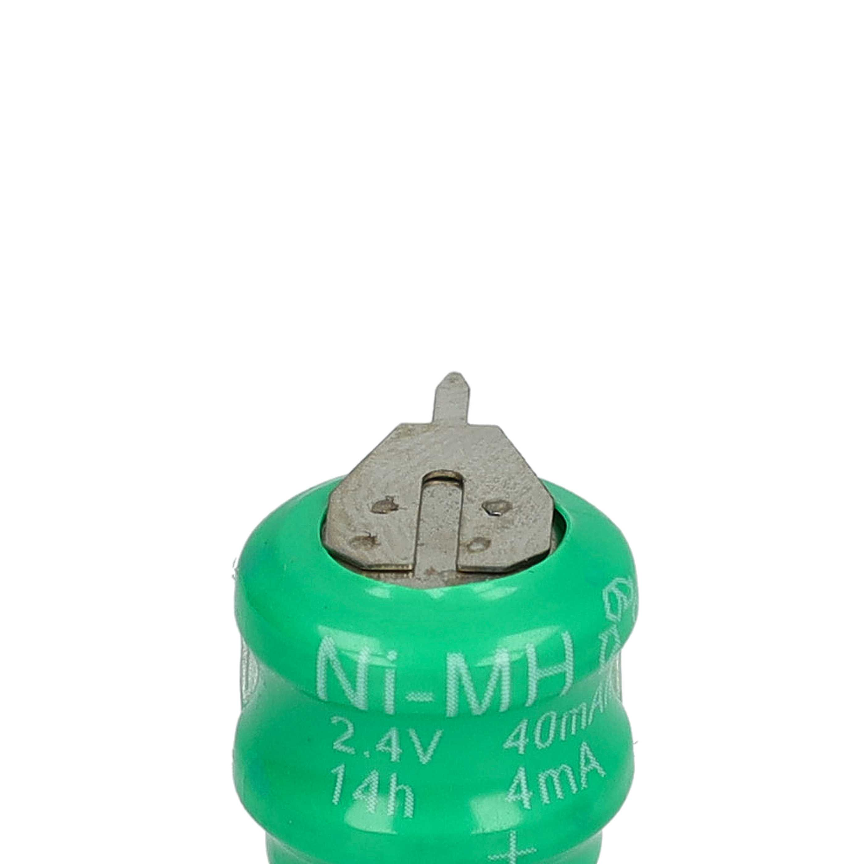 Grüner Ni-MH Akku mit silbernen Kontakten. Beschriftung: 2.4V 40mA 14h 4mA.