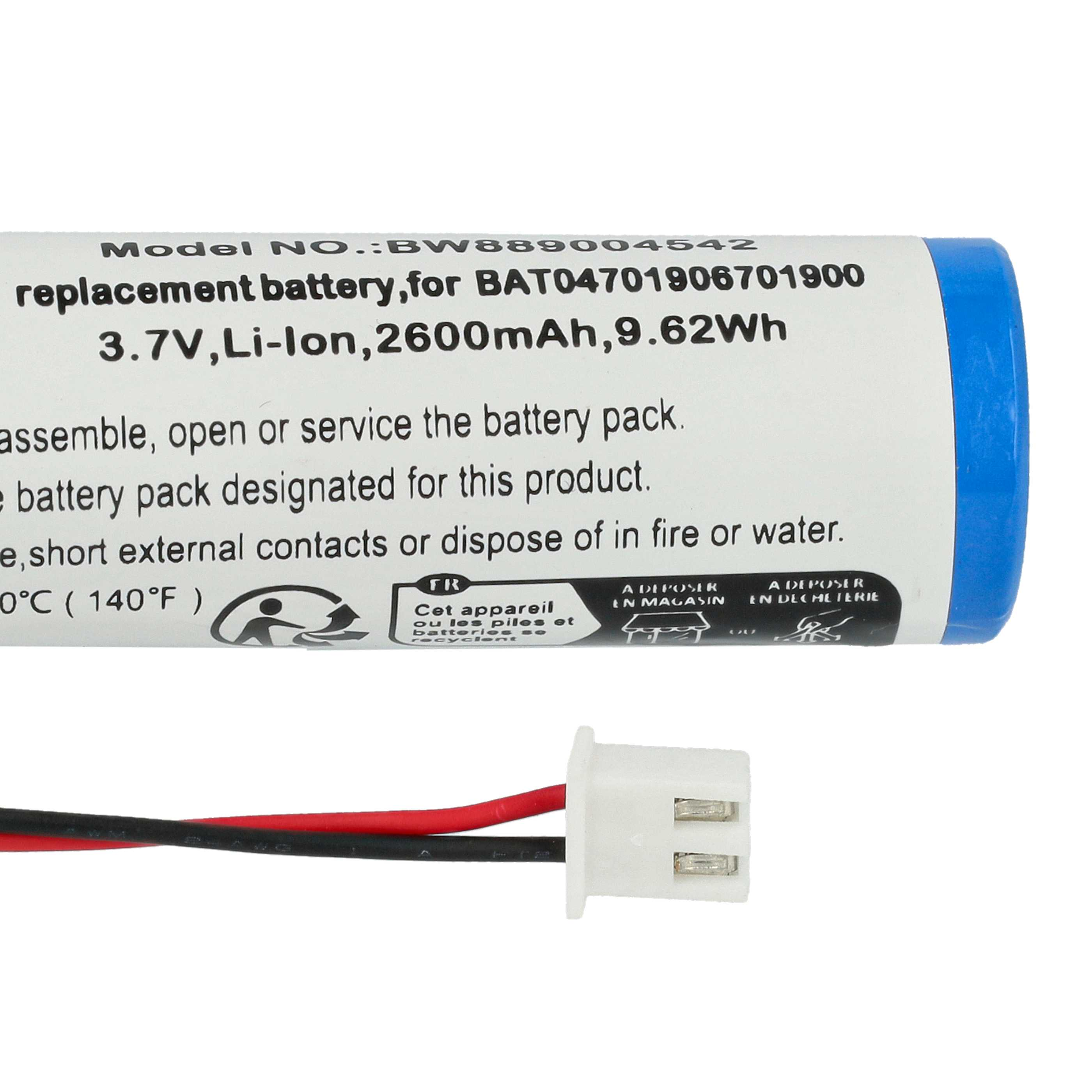 Blauer Lithium-Ionen-Akku, 3,7V, 2600mAh, mit Kabel und Stecker.