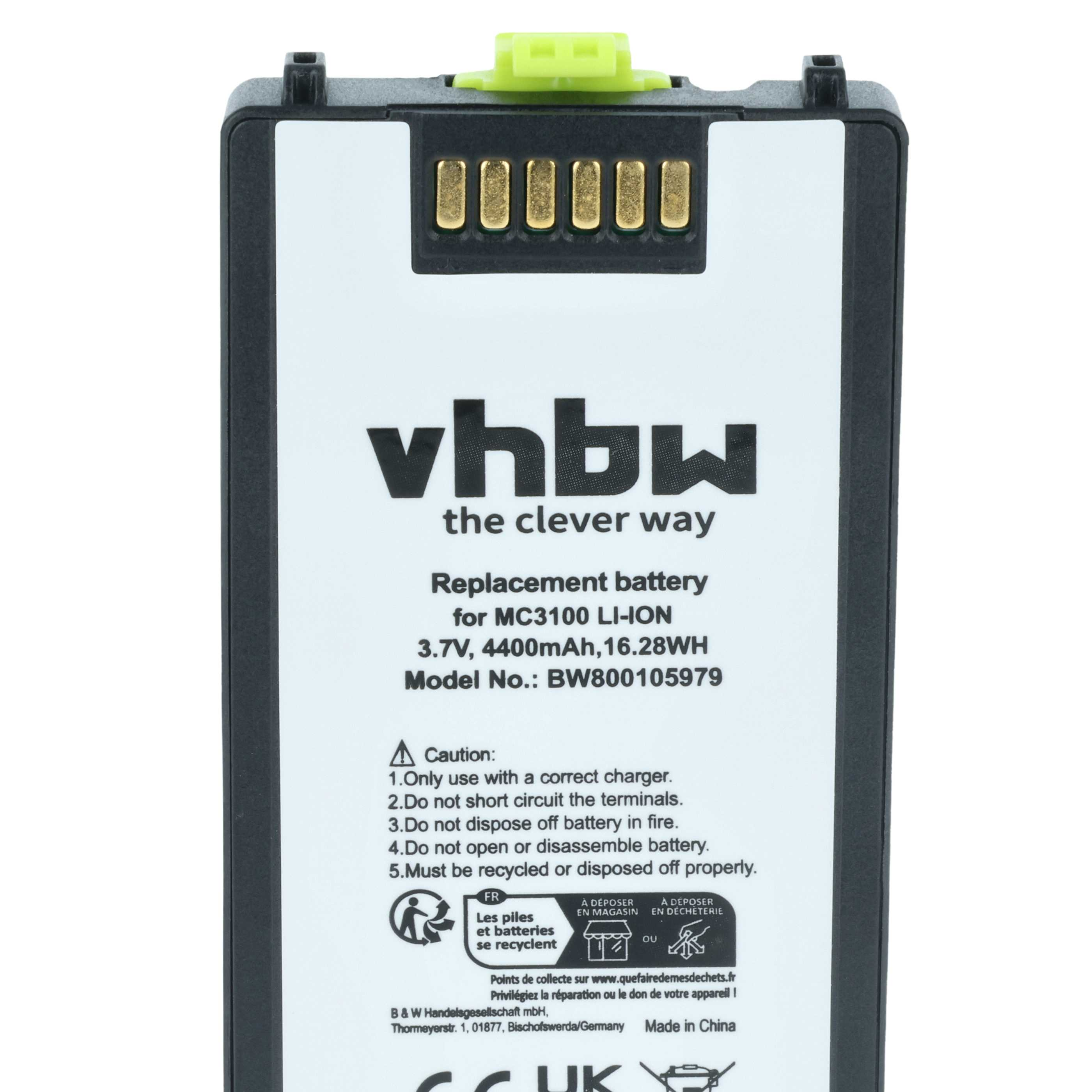 Schwarz-weißer Akku für MC3100 mit 3,7V, 4400mAh und Kontakten oben.