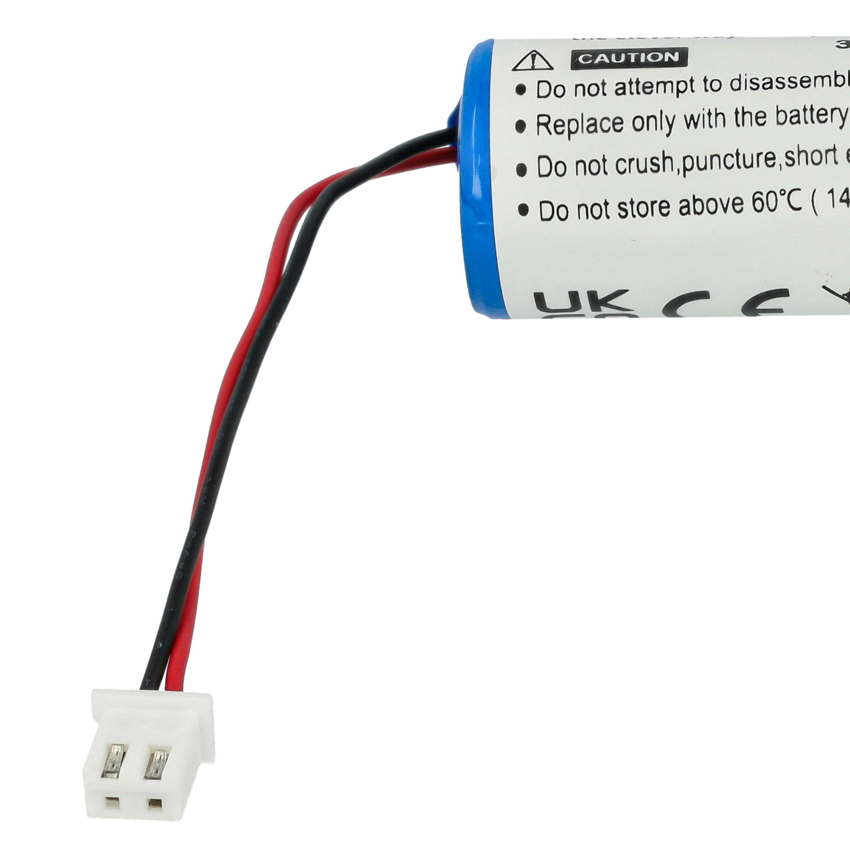 Ein blauer Akku mit roten und schwarzen Drähten und einem weißen Stecker.
