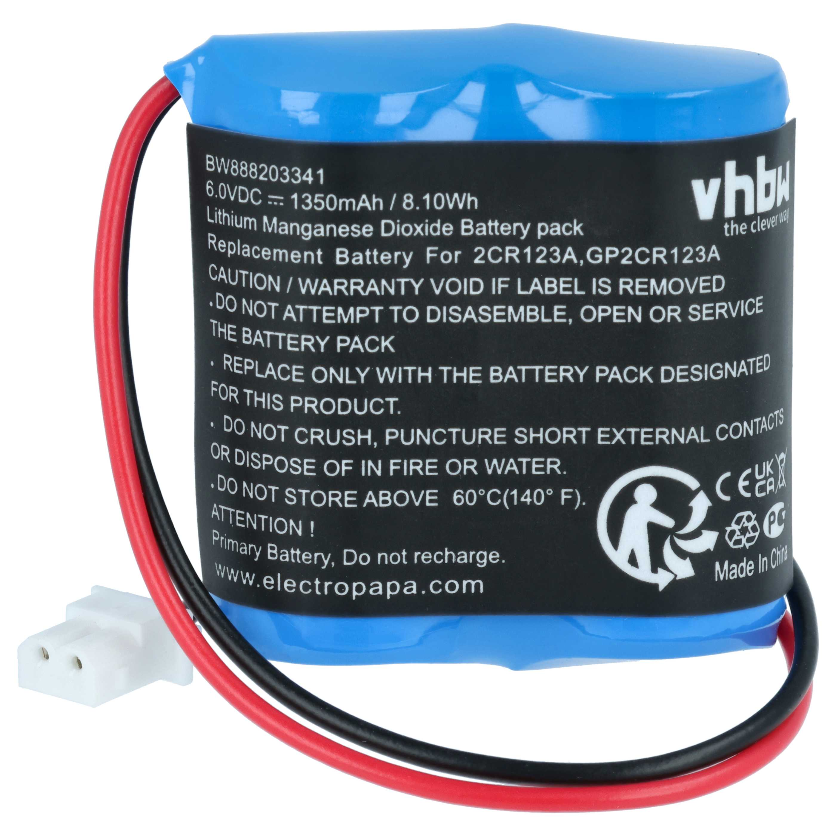 Blauer Lithium-Mangan-Dioxid-Akku mit schwarzen und roten Kabeln und weißem Stecker.