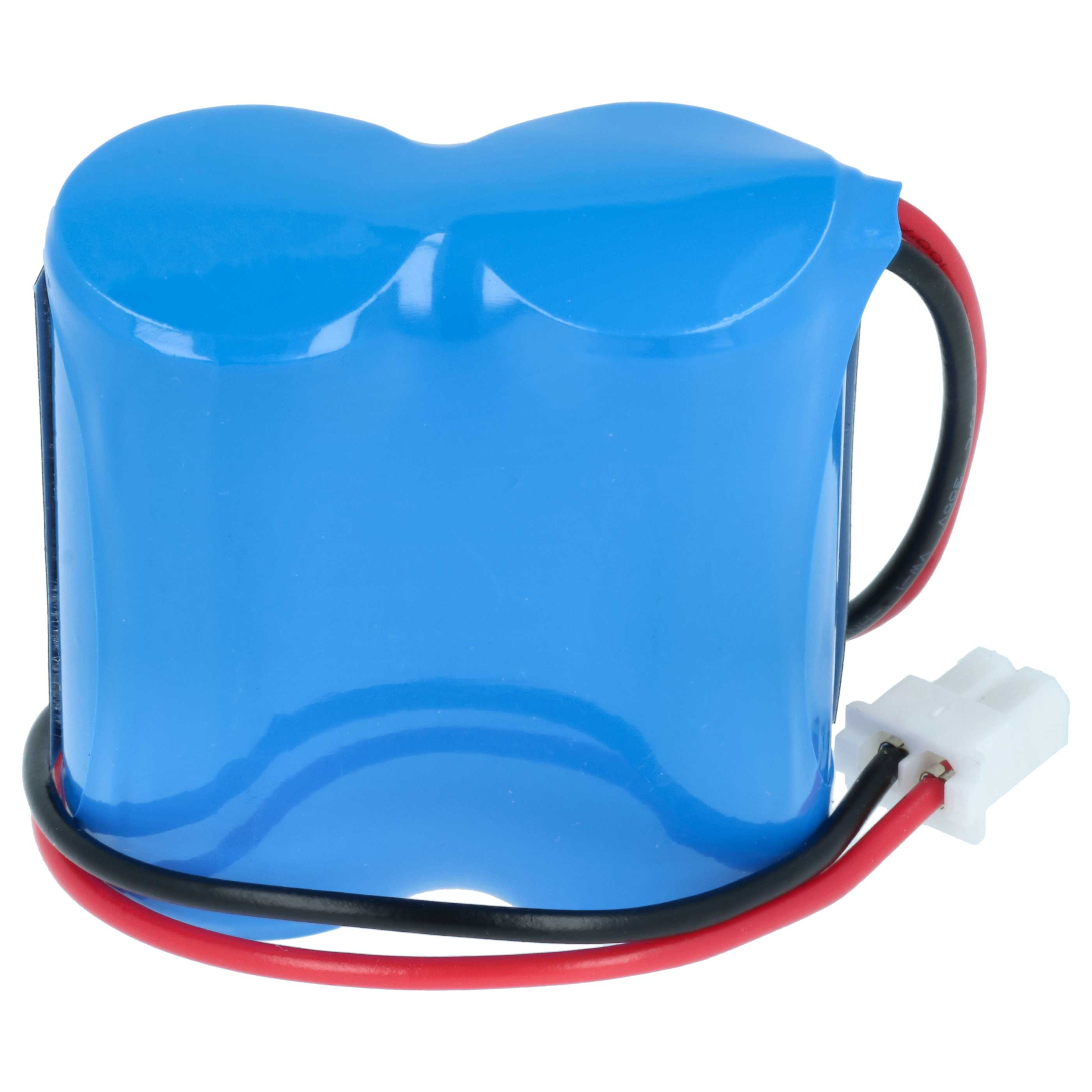 Blauer Akku mit rotem und schwarzem Kabel und weißem Stecker.