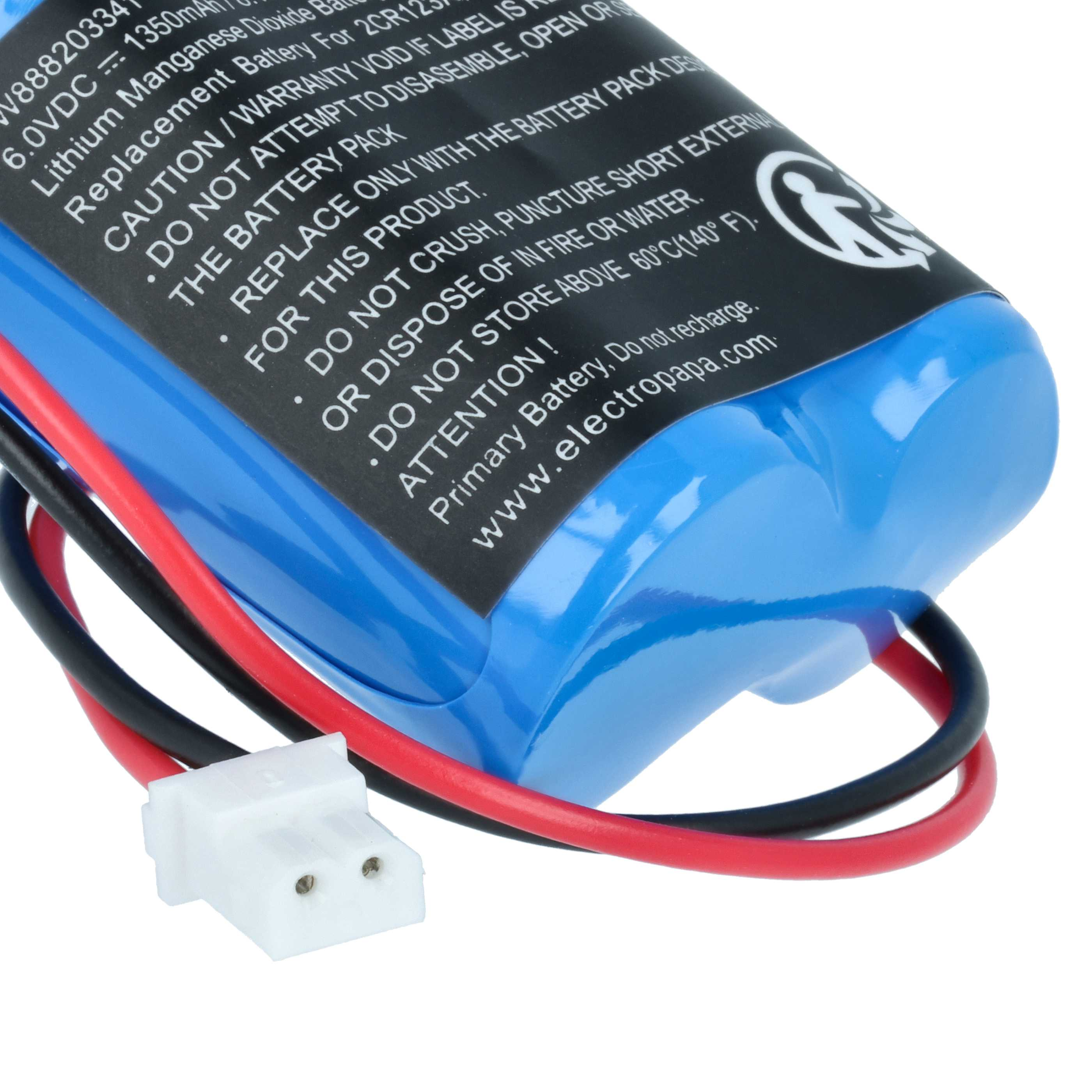 Blauer Lithium-Mangan-Dioxid-Akku mit roten und schwarzen Kabeln und weißem Stecker.