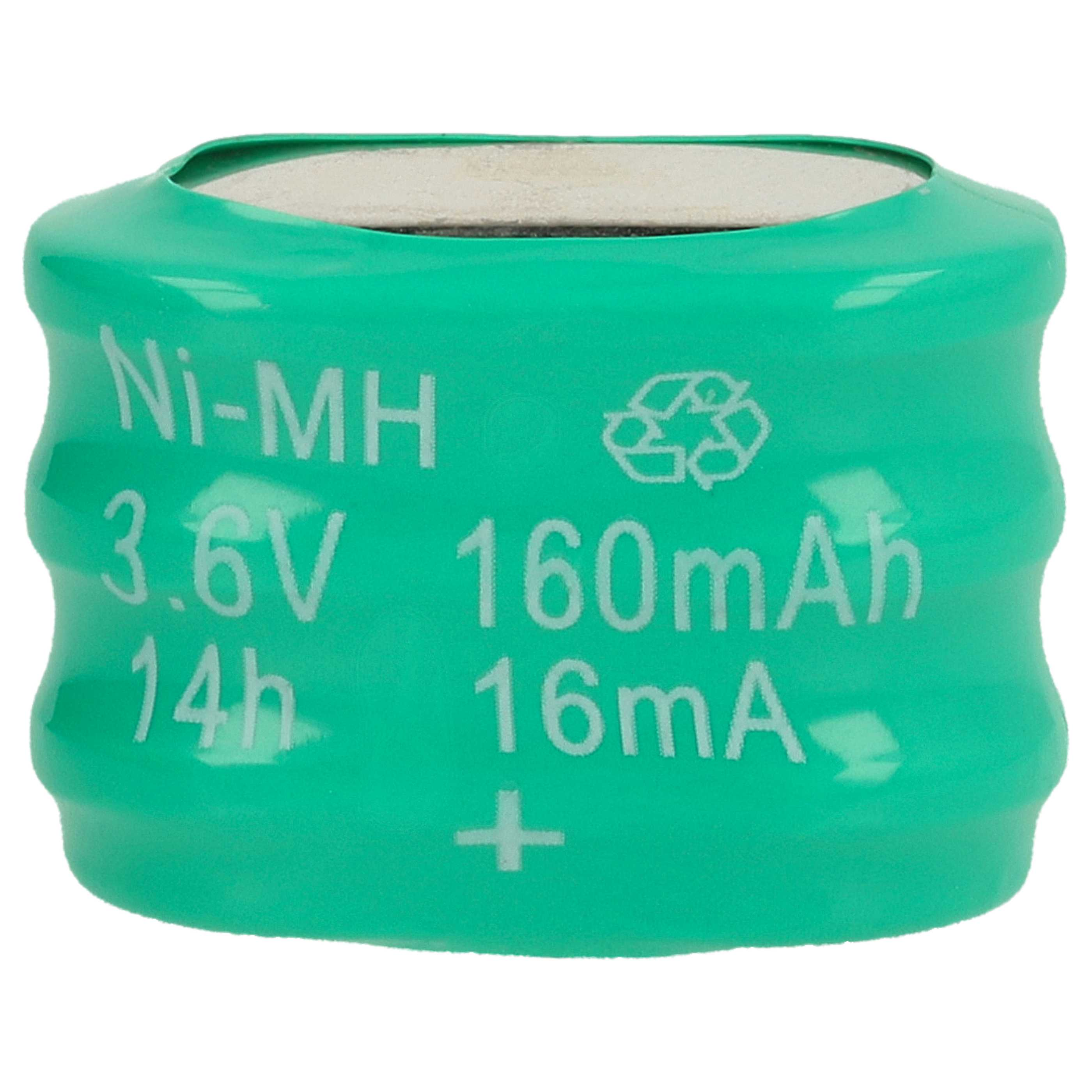 Grüne Ni-MH Batterie, 3,6V 160mAh, mit Recycling-Symbol.