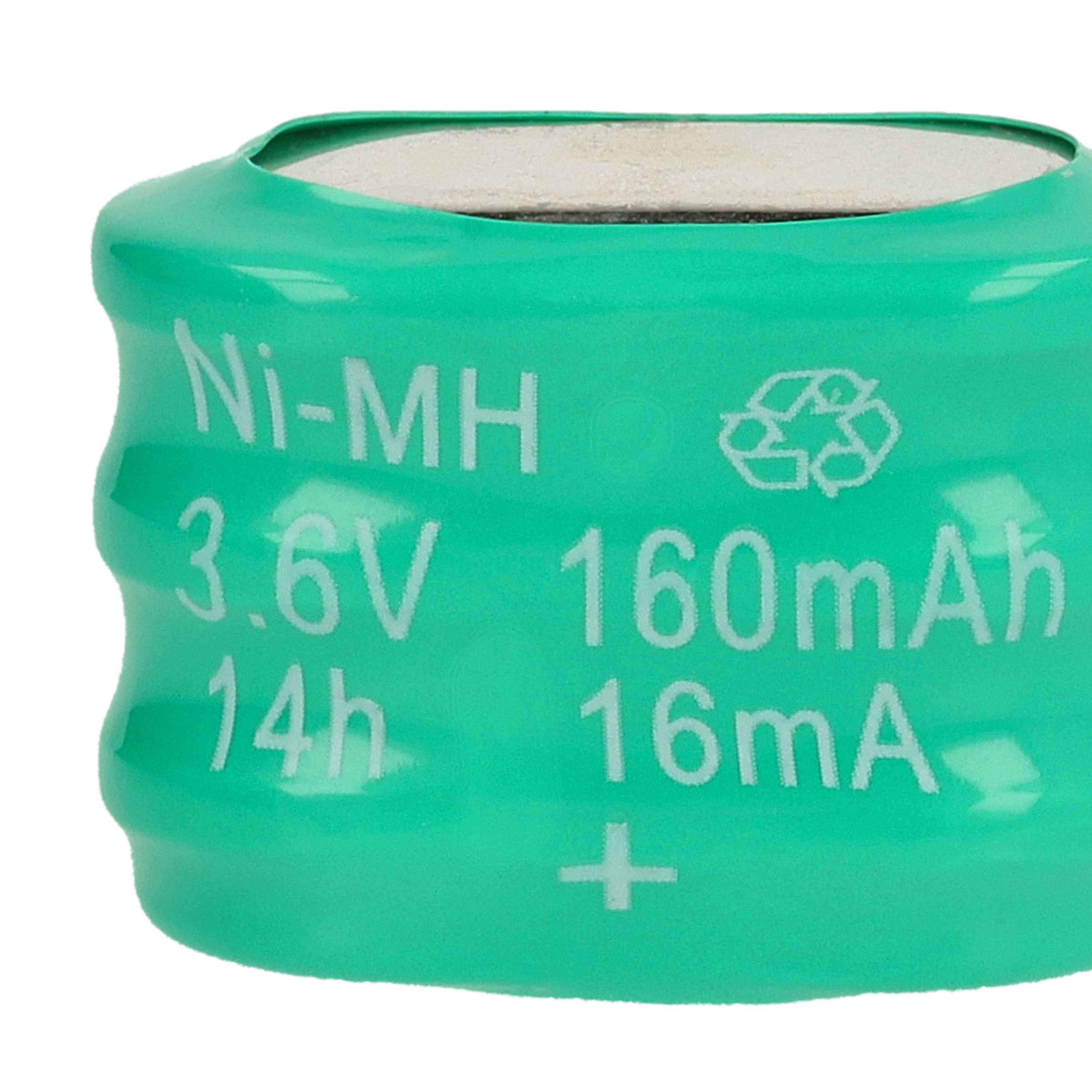 Grüne Ni-MH Batterie mit 3.6V, 160mAh, 14h, 16mA und Recycling-Symbol.