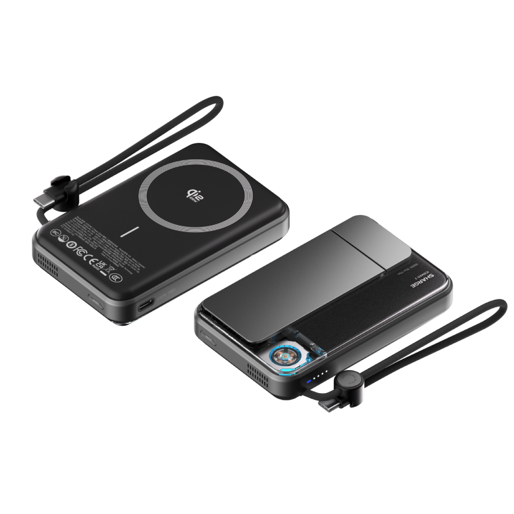 Deux batteries externes noires avec cordons. L'une a un symbole de cercle de charge.