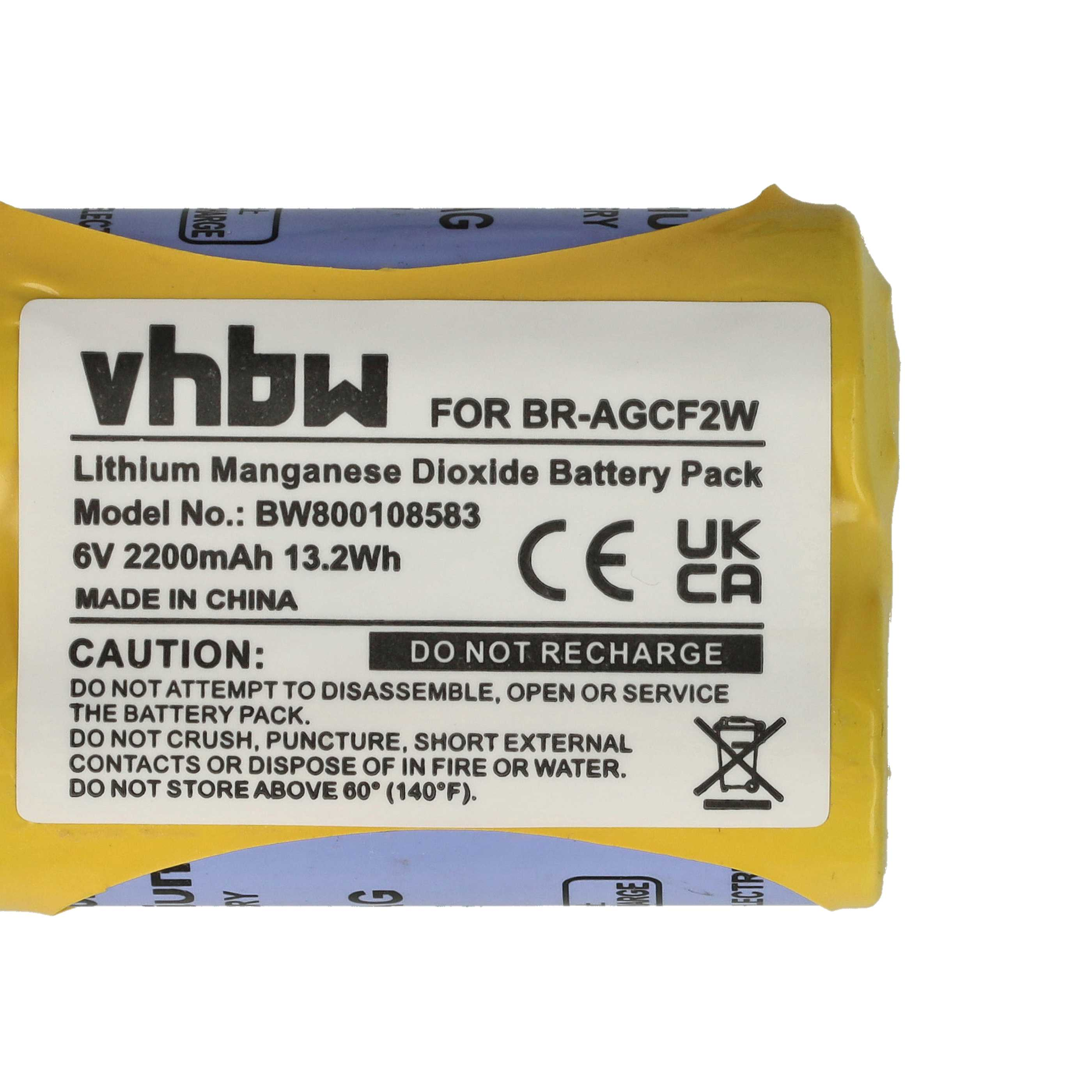 Gelber Lithium-Mangan-Dioxid-Akku, 6V, mit Aufdrucken und Warnhinweisen.