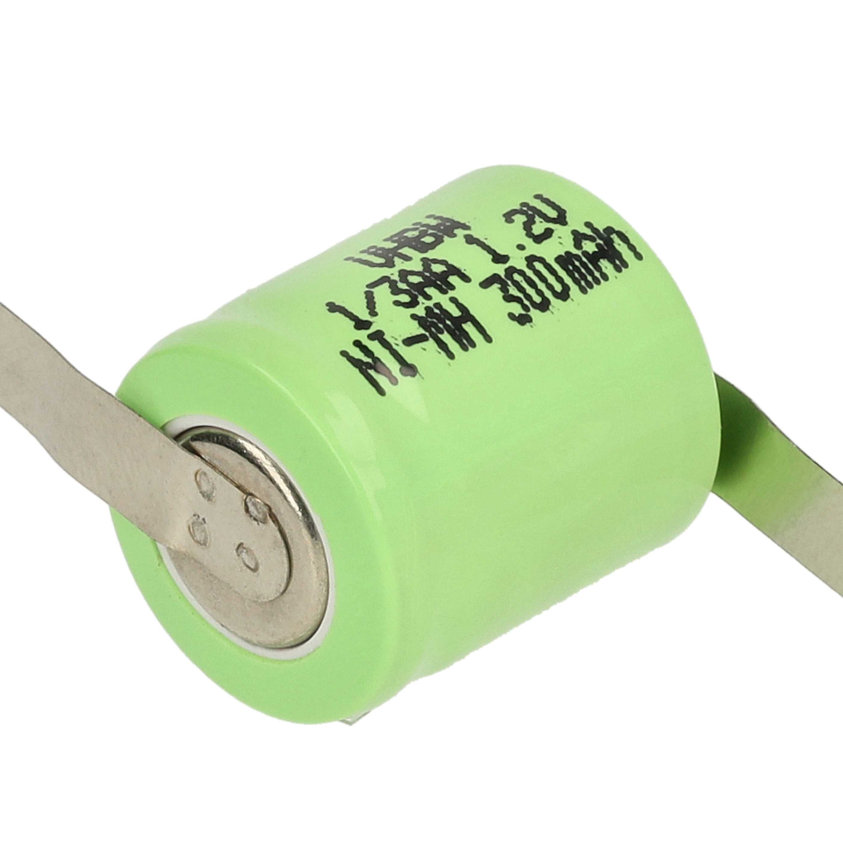 Eine grüne Ni-MH-Batterie 1,2V 300mAh mit Metalllaschen und schwarzer Beschriftung.