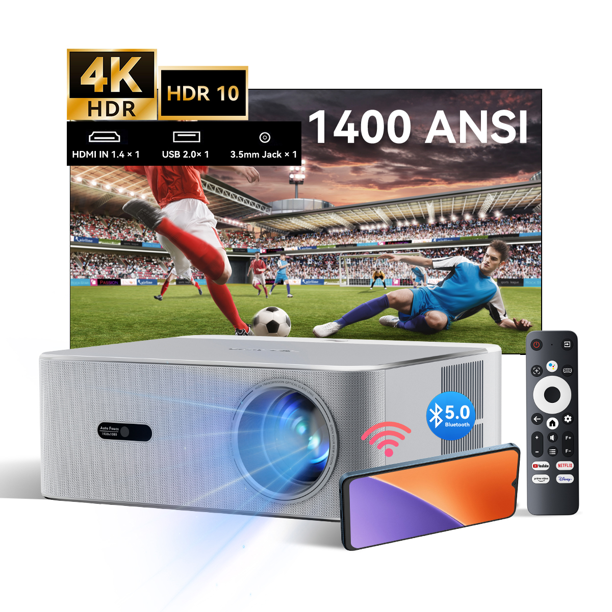 Proiettore mostra partita di calcio 4K HDR. Include telecomando e telefono.