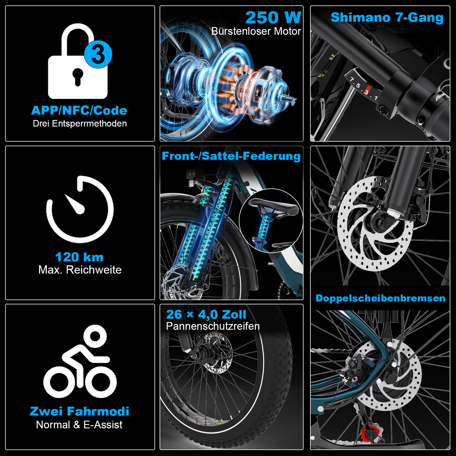 E-Bike-Spezifikationen: Schloss-Symbol, Motor, Gangschaltung, Reichweite, Federung, Reifen, Bremsen.
