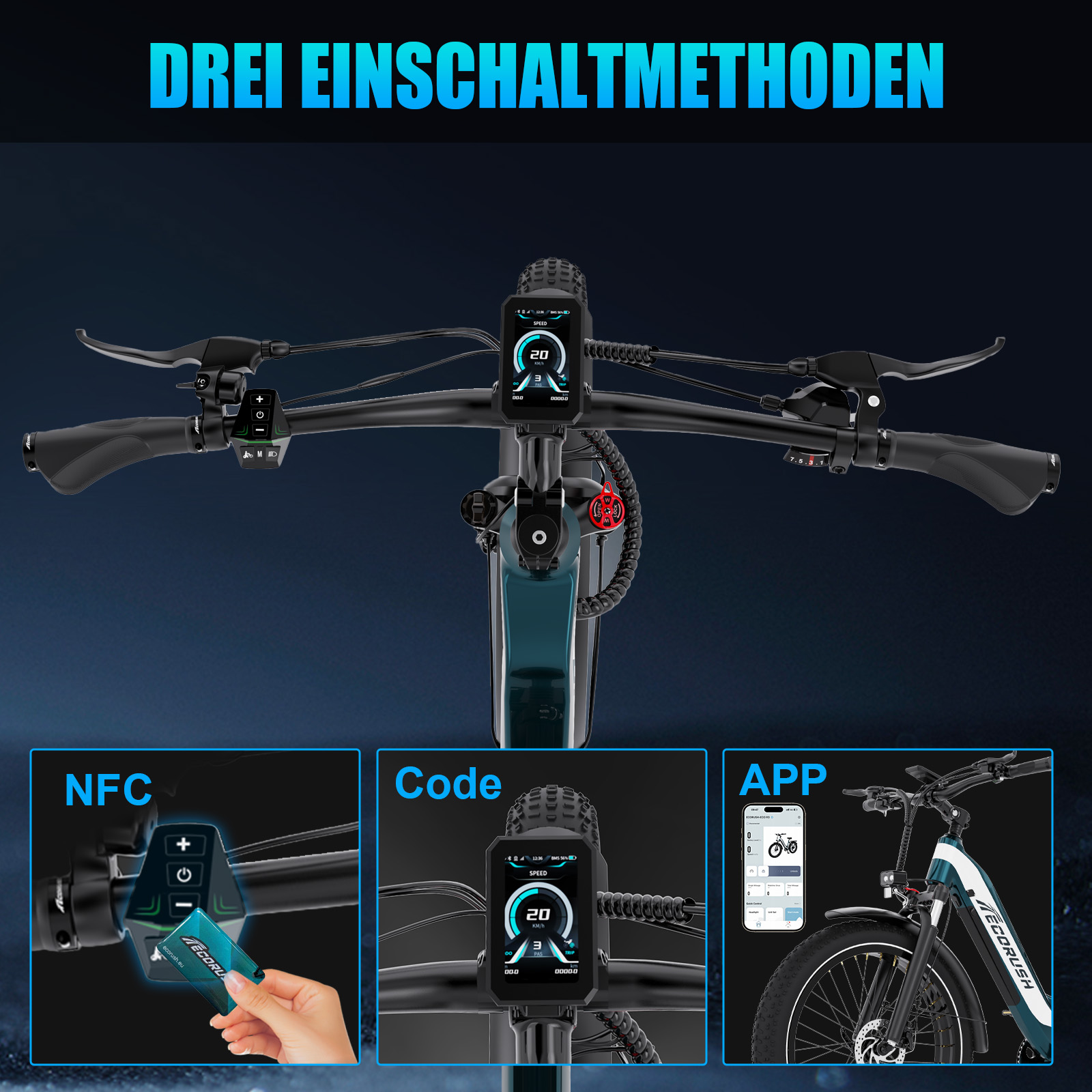 Drei Einschaltmethoden: NFC, Code, App. E-Bike Lenkeransicht.
