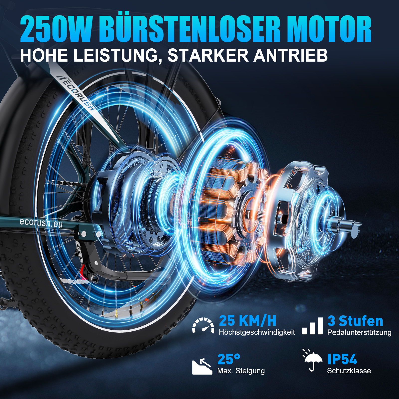 Nahaufnahme des Motors eines E-Bikes mit blauen Stromkreisen und Text.