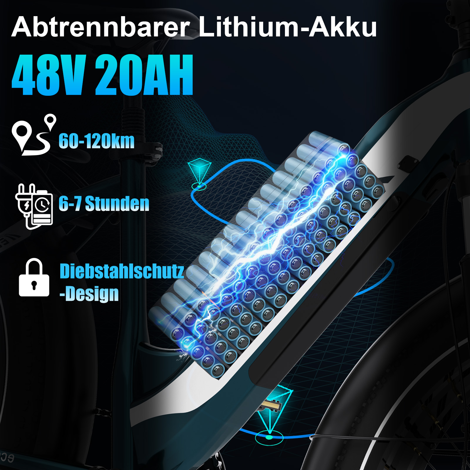 Abnehmbarer 48V 20AH Lithium-Akku für E-Bikes, 60-120km Reichweite, 6-7h Ladezeit.