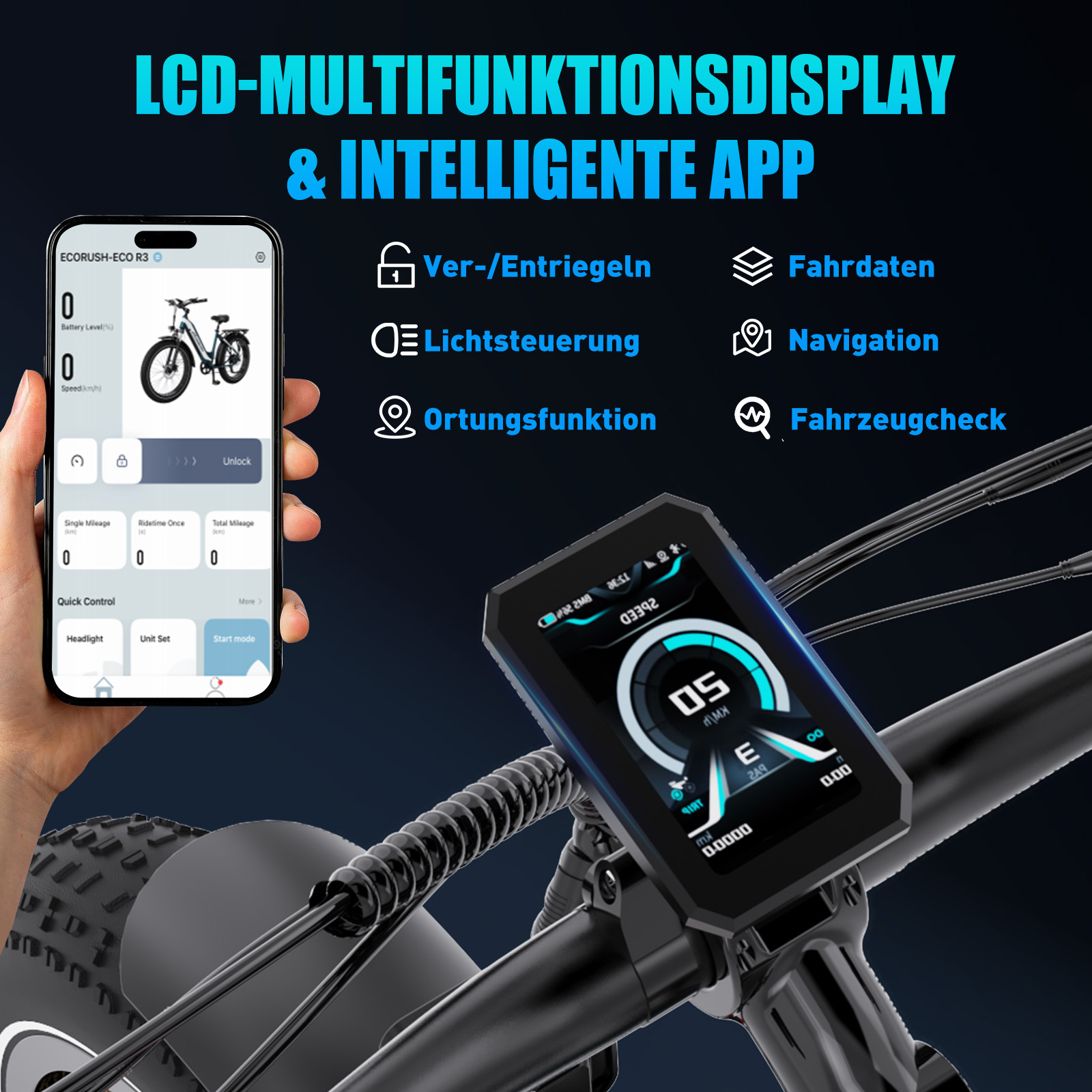 Hand hält Handy mit E-Bike-App-Anzeige; daneben Display mit Geschwindigkeit.