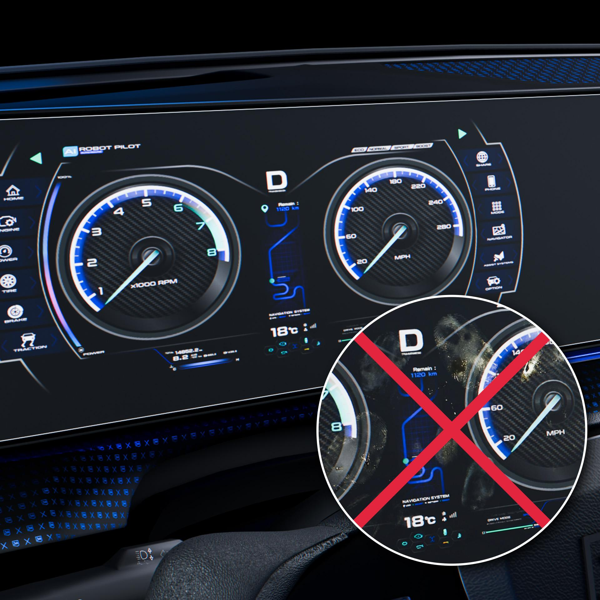 Nowoczesny cyfrowy wyświetlacz samochodowy z prędkościomierzem i nawigacją.