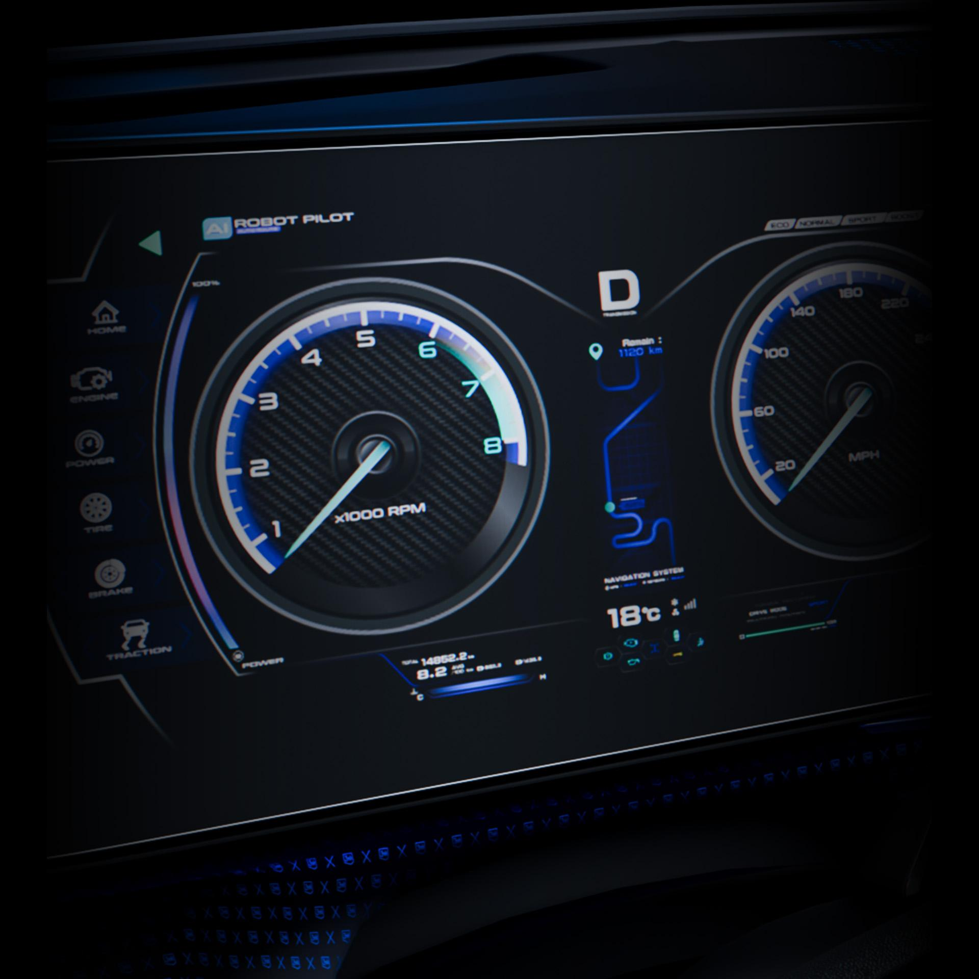 Cyfrowa deska rozdzielcza z prędkościomierzem, obrotomierzem i nawigacją.