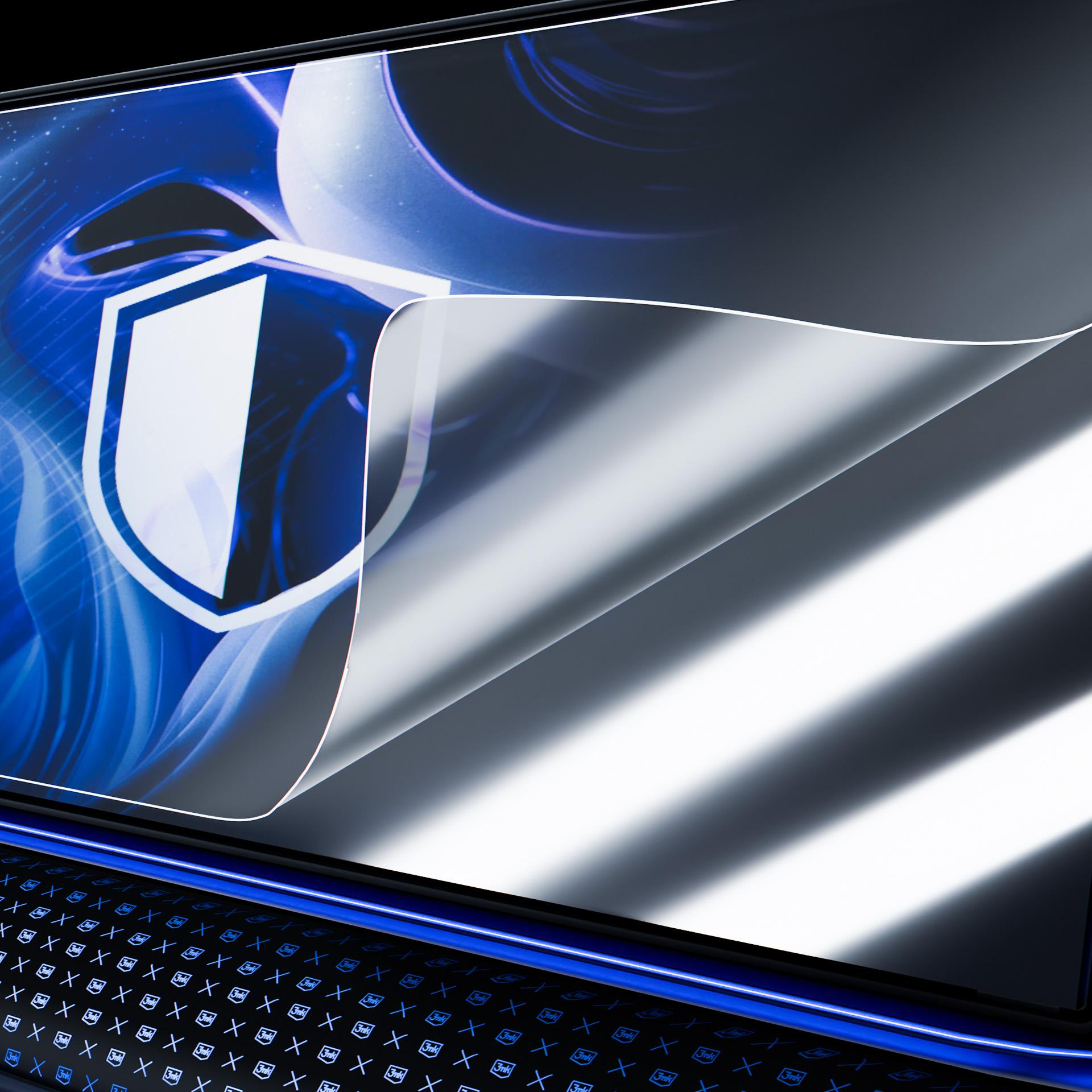 Folia ochronna schodzi z ekranu z niebieskim logo tarczy.