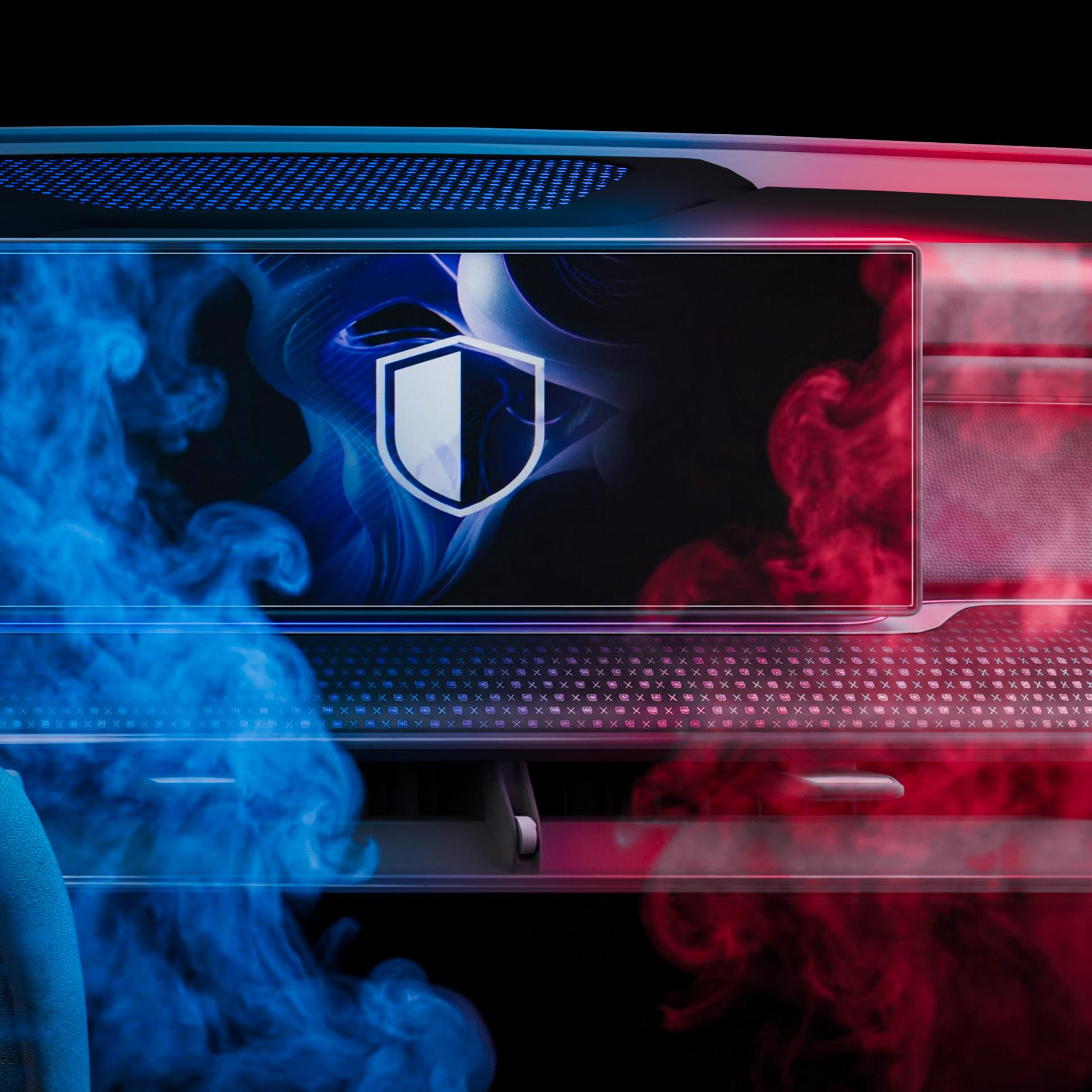 Stylizowana ikona tarczy na ekranie, otoczona niebieskim i czerwonym dymem.