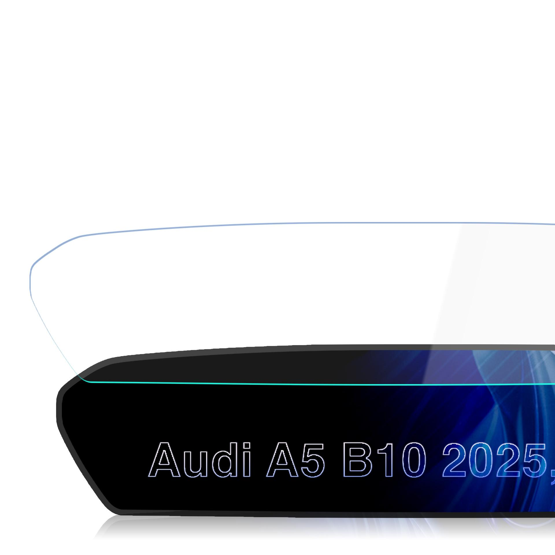 Czarny wyświetlacz z niebieskimi liniami i napisem 'Audi A5 B10 2025'.