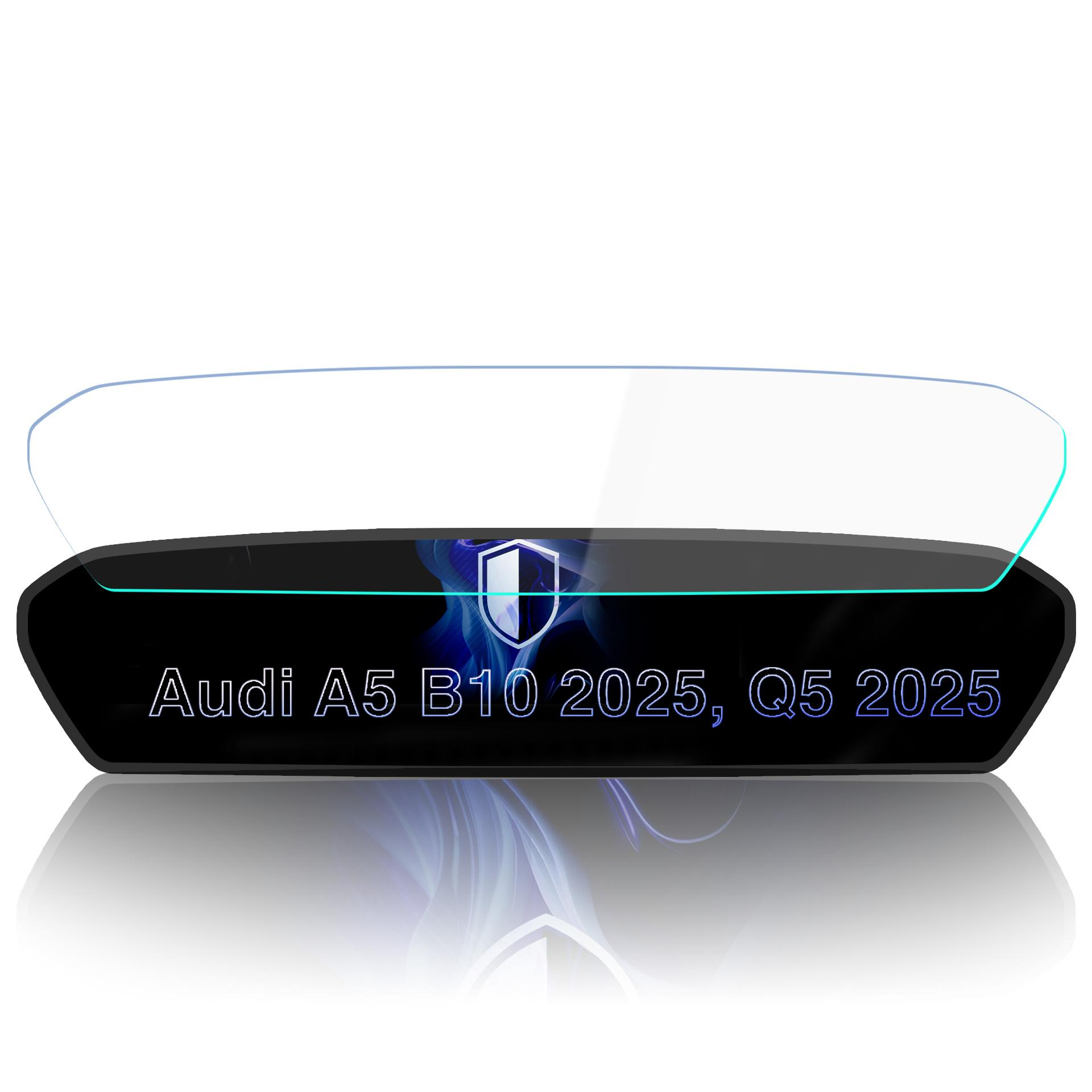 Wyświetlacz HUD z logo Audi, tekst: Audi A5 B10 2025, Q5 2025